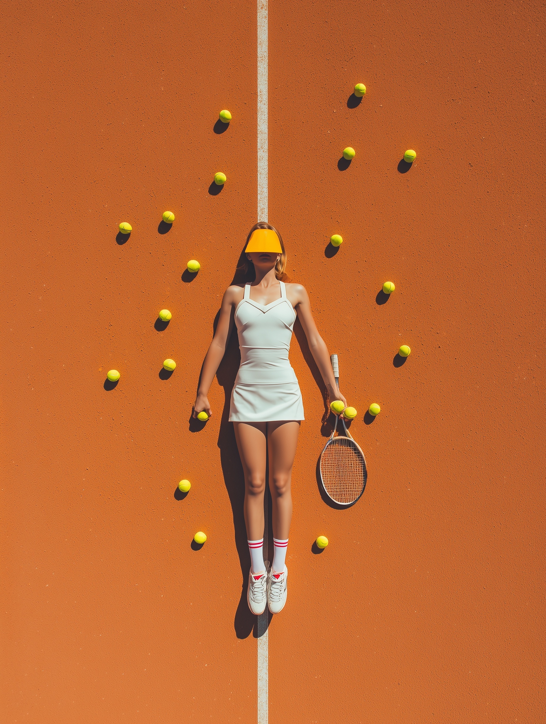Symmetrical Fashion on an Orange Tennis Court