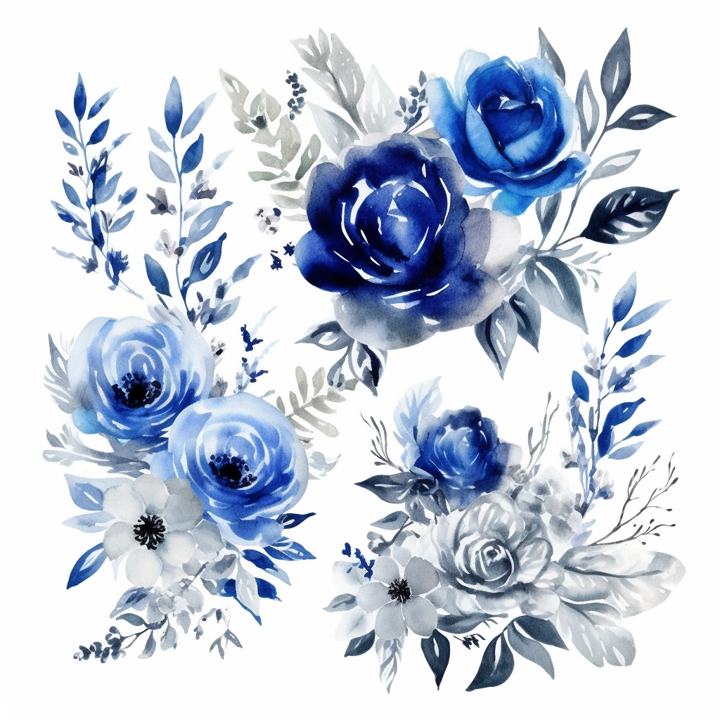 Royal Blue & Silver Watercolor Florals - HD Clipart