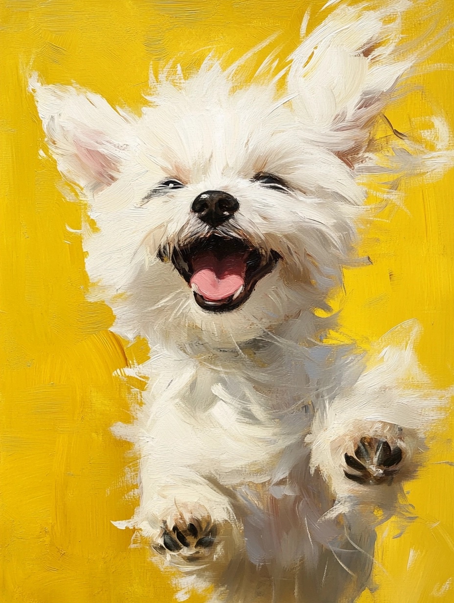 Joyful White Dog Portrait on Bold Yellow Canvas