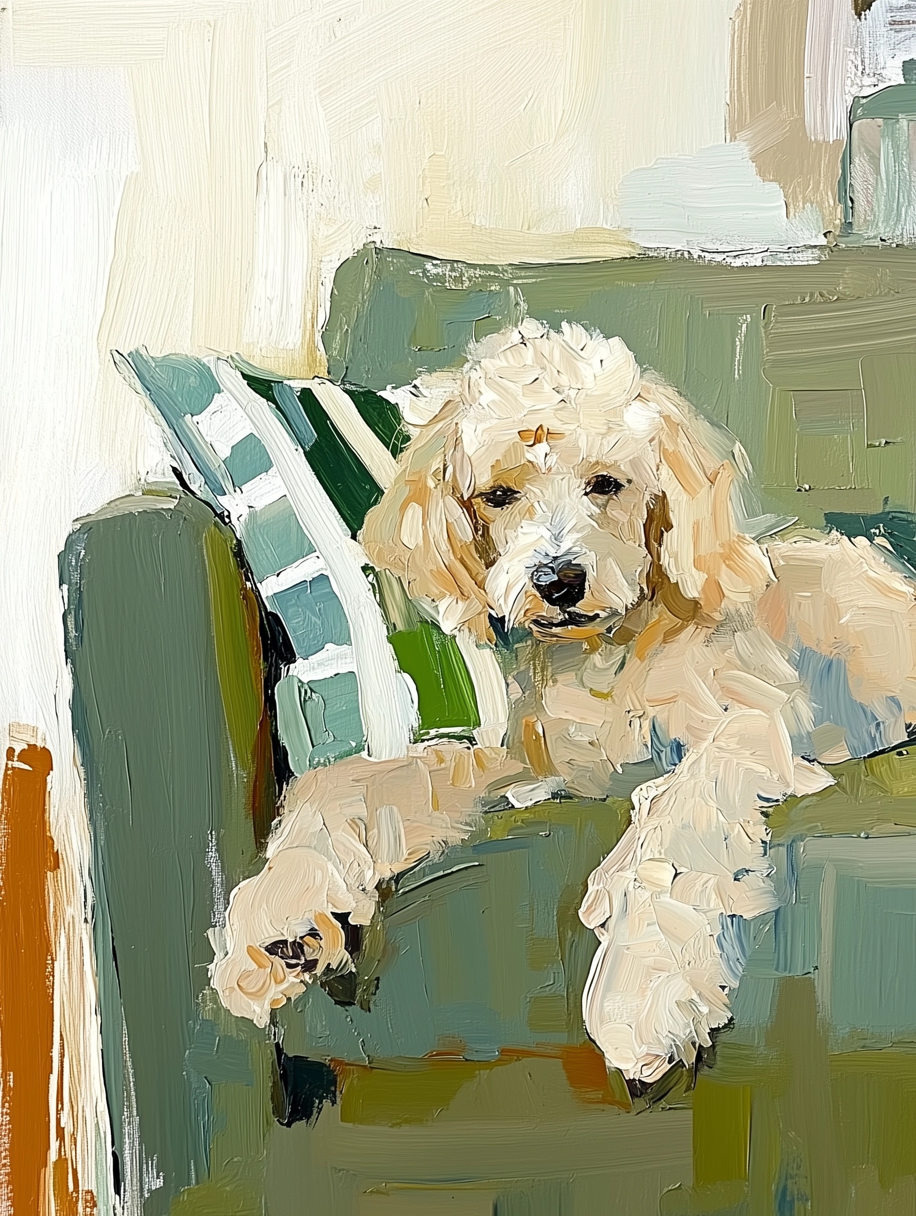 Abstract Beige Poodle on Green Sofa Art Piece