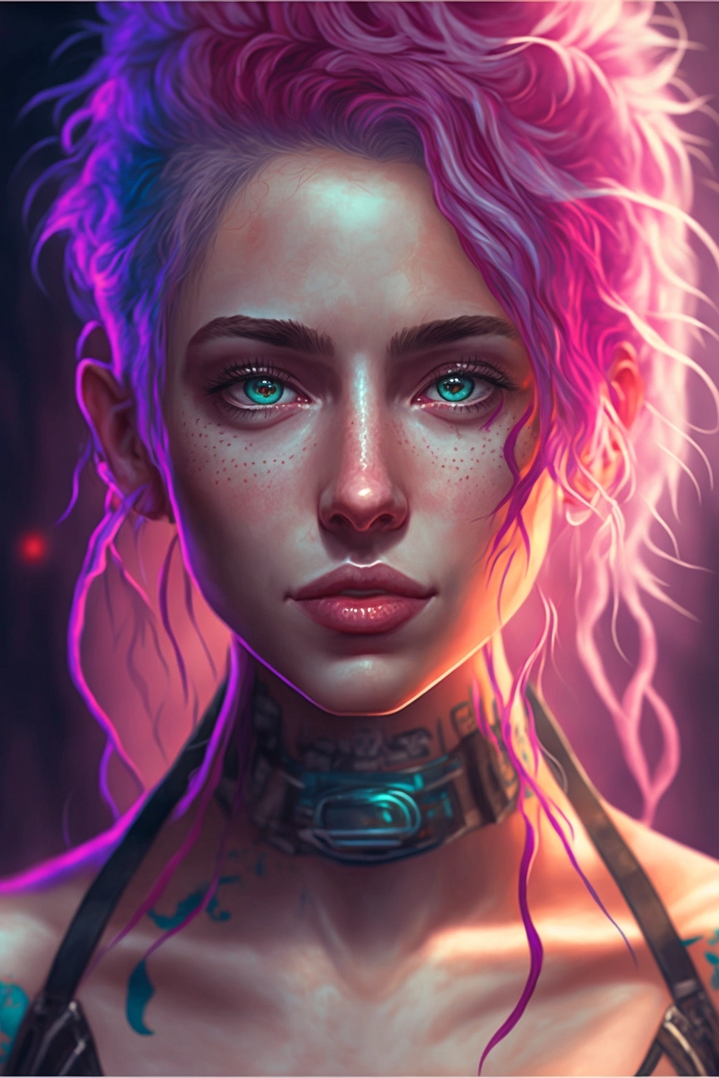 Neonpunk Beauty: Intimate Close-Up of Perfect Pink-Haired Woman
