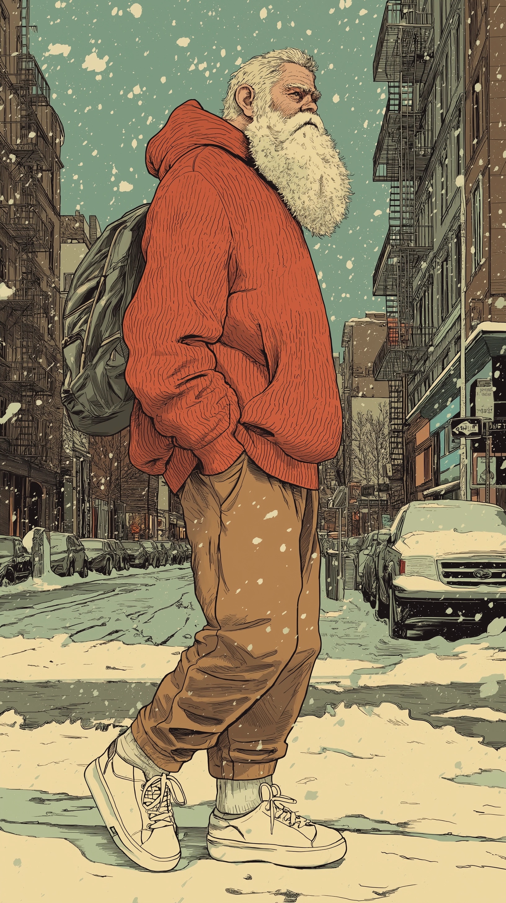 Vintage Winter Stroll: Comic-Style NYC Scene