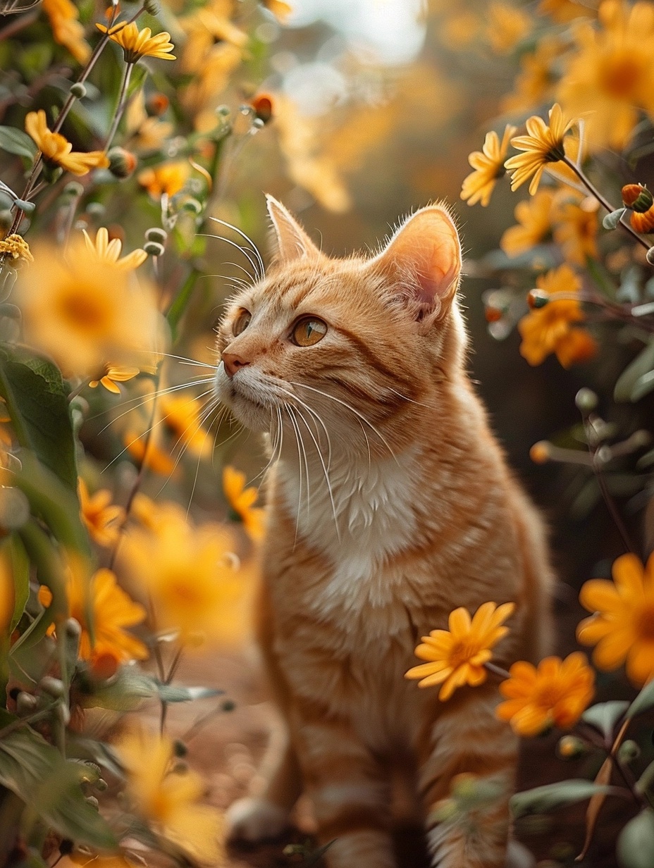 Playful Cat Amidst Colorful Floral Wonderland