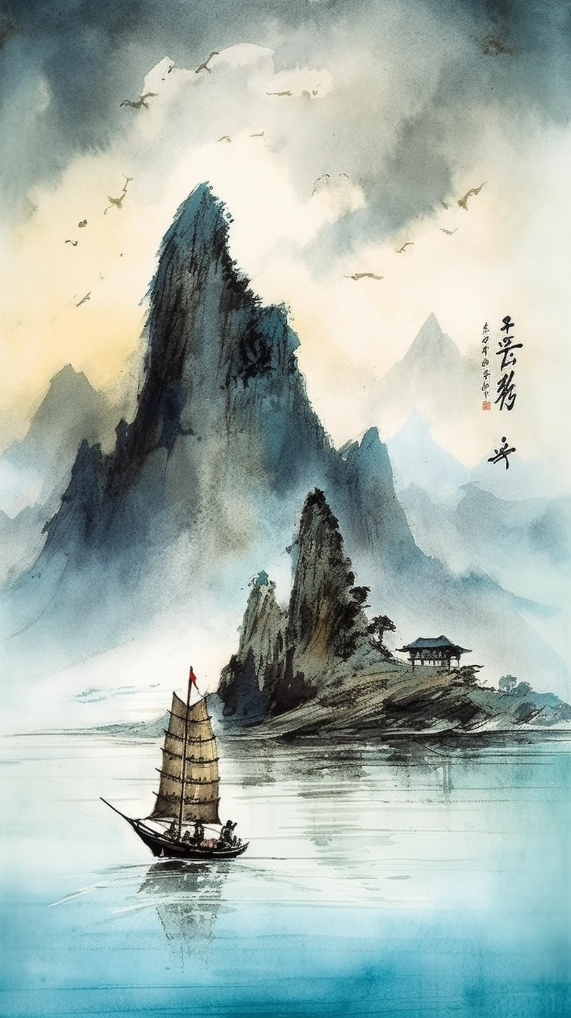 Three People on a Boat: Ancient Chinese Ink Painting in HD