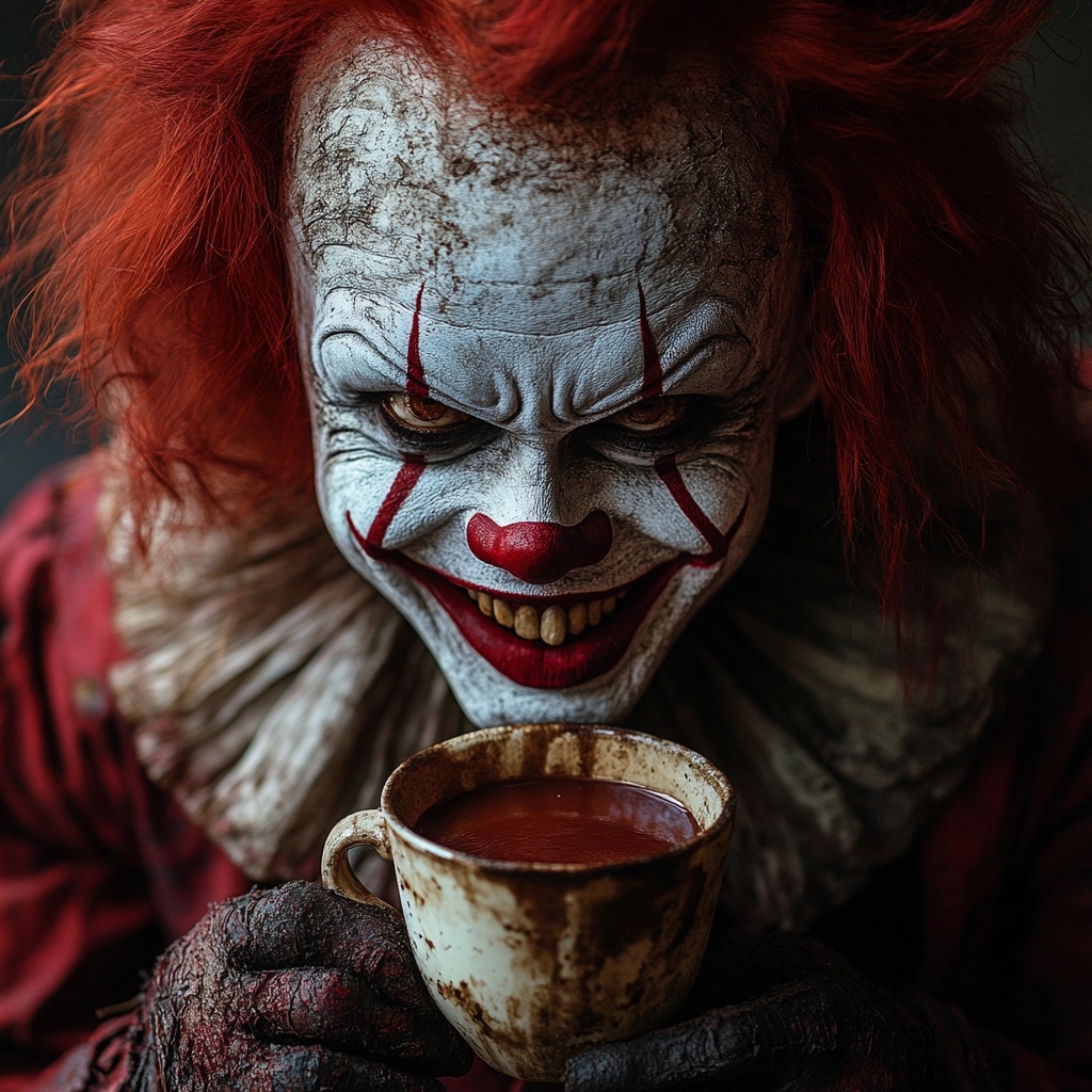 Chilling Clown Poster: Coffee & Ominous Smile