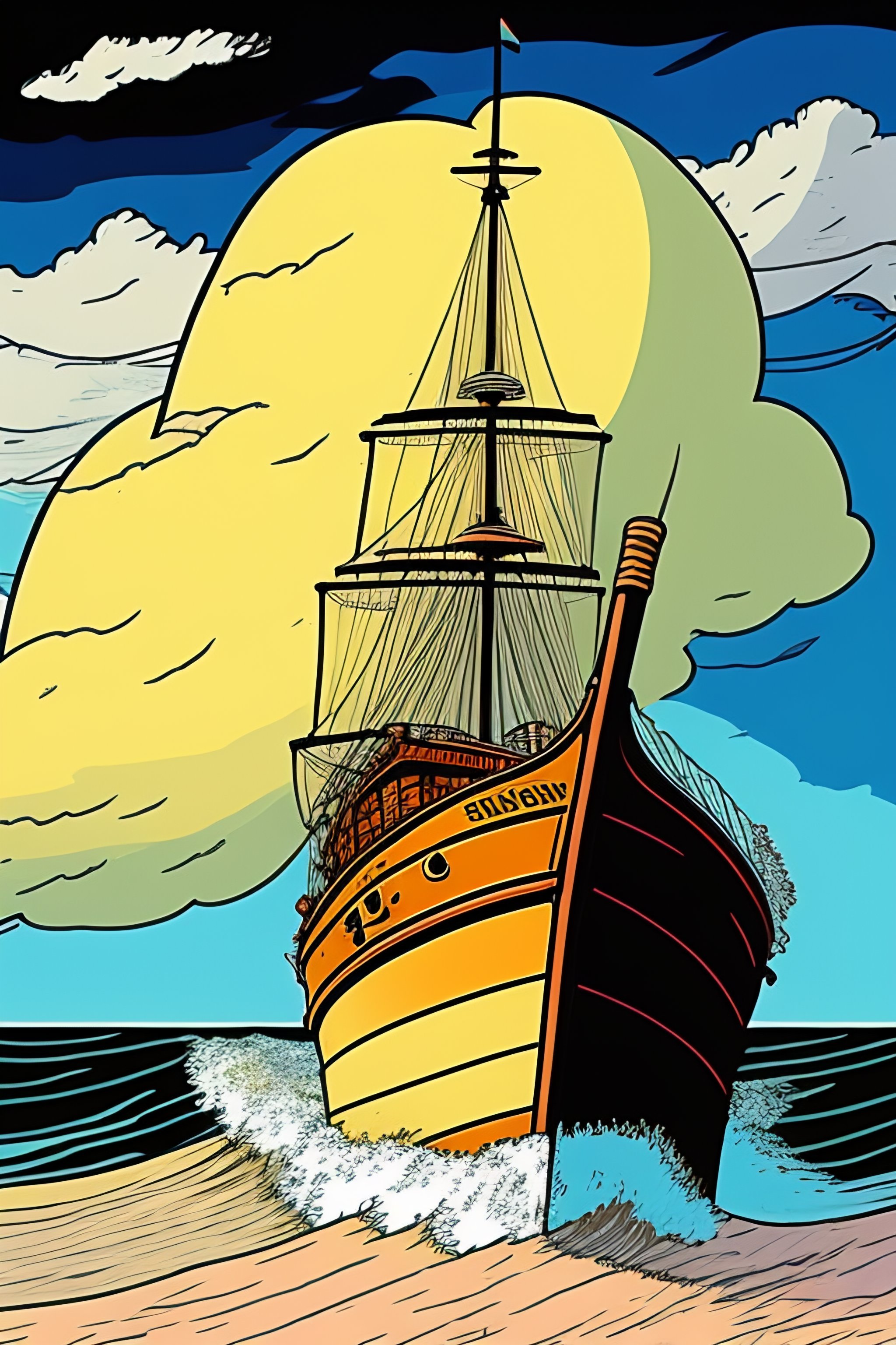 Stormy Seas: Hergé-style Illustrated Boat in Distress