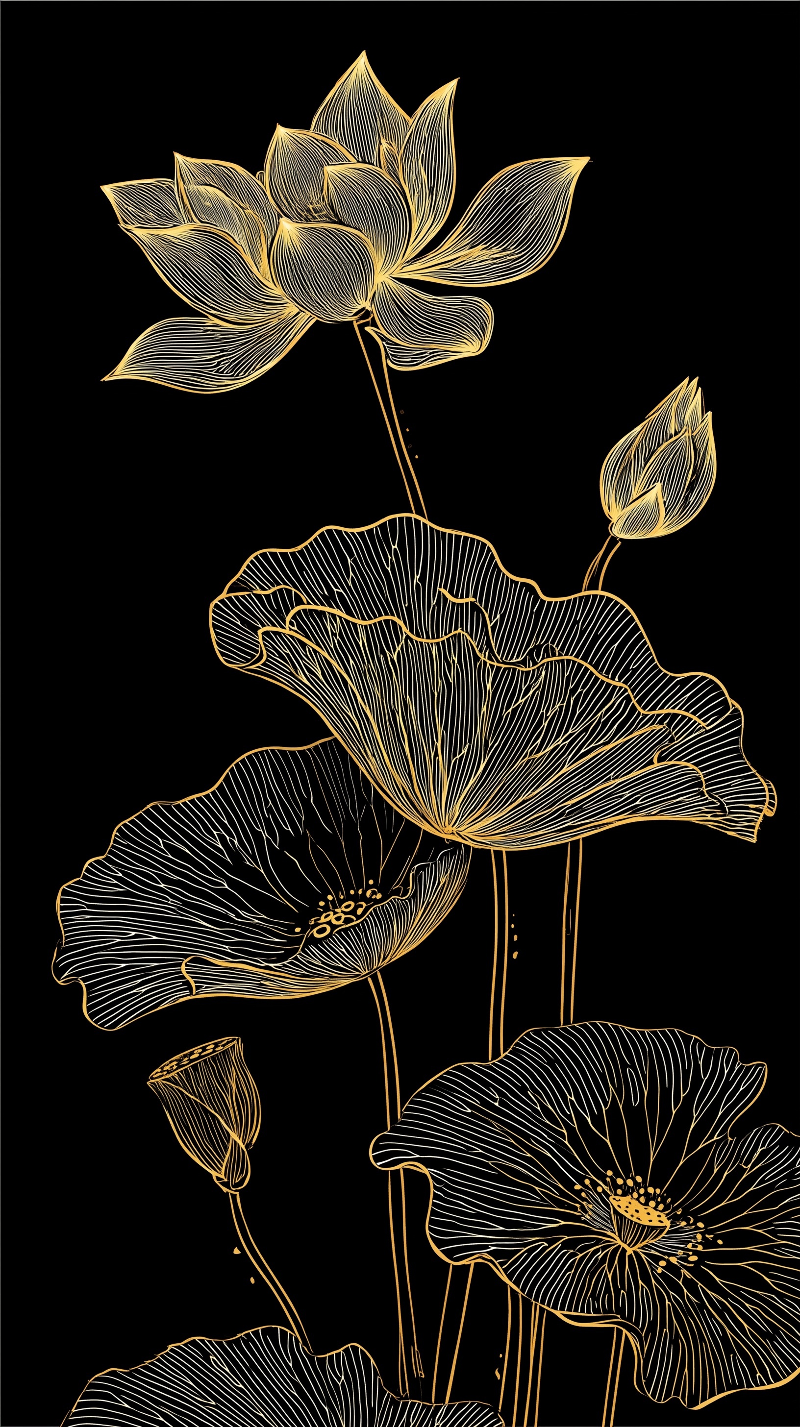 Elegant Lotus Line Art on Black Background