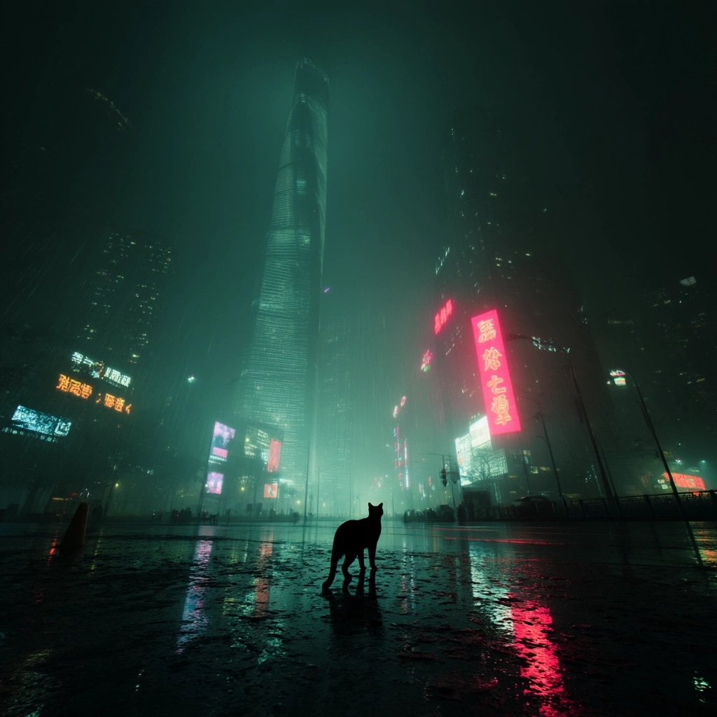 Lone Cat in Futuristic Shanghai: A Dystopian Vision