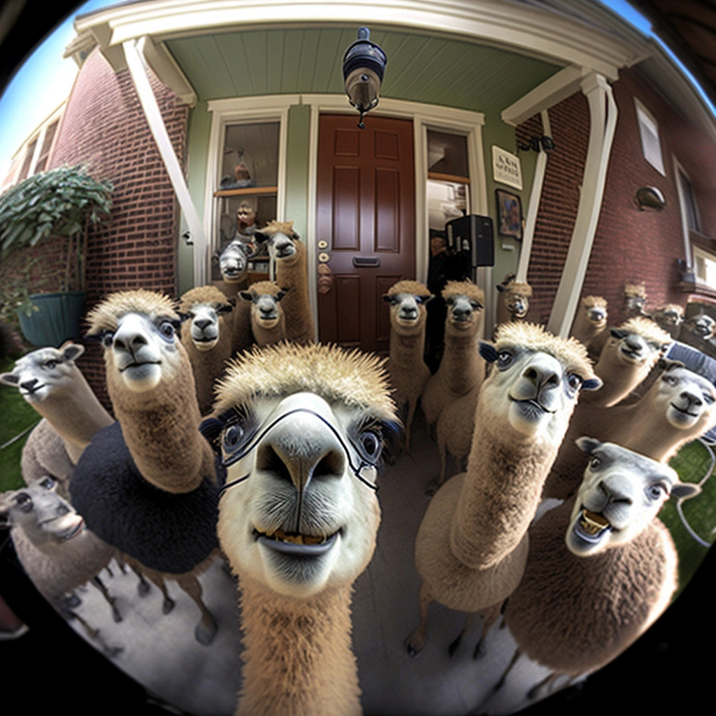 Fisheye Fun: Pizza Llamas at Your Door!