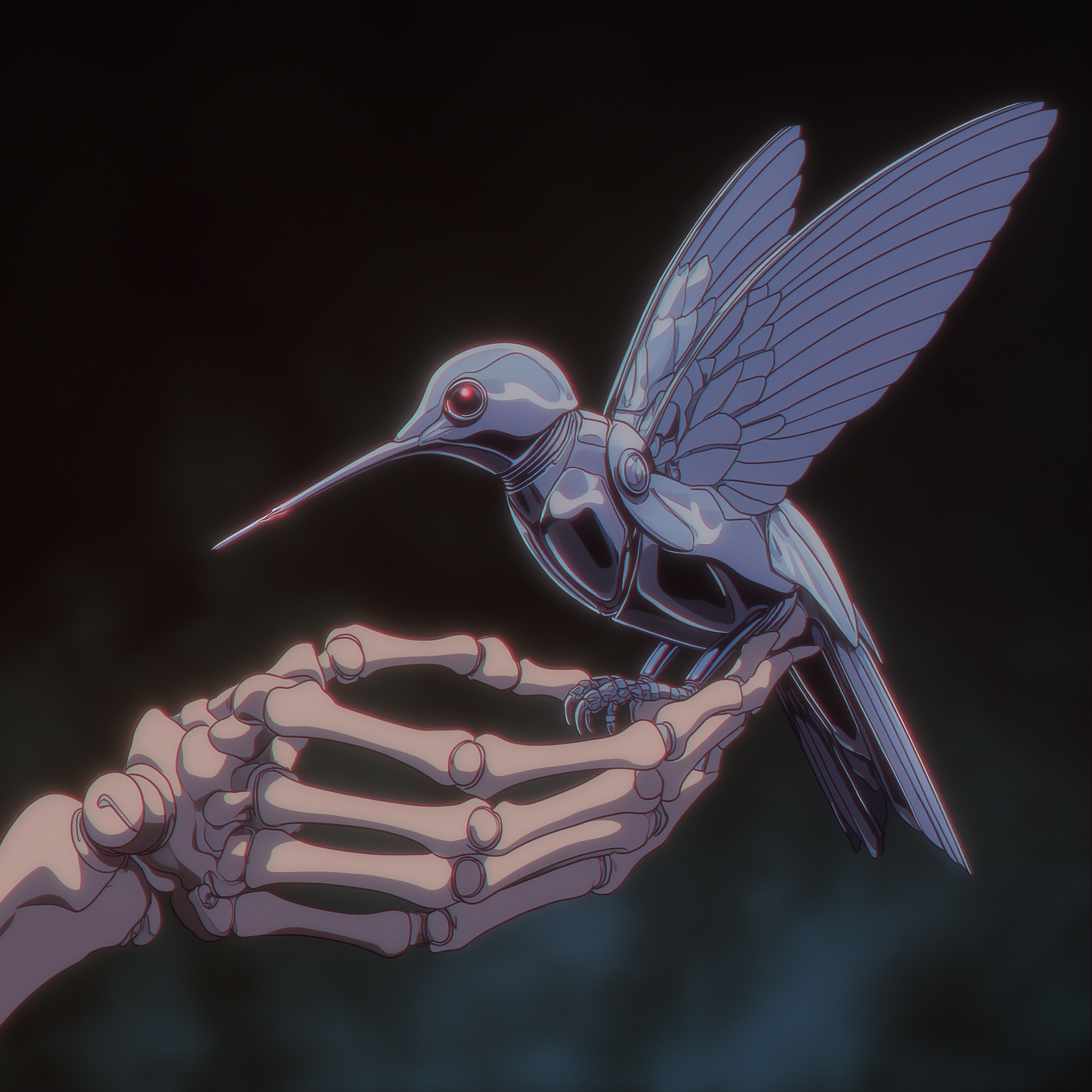 80s Anime Art: Chrome Hummingbird on Skeleton Hand