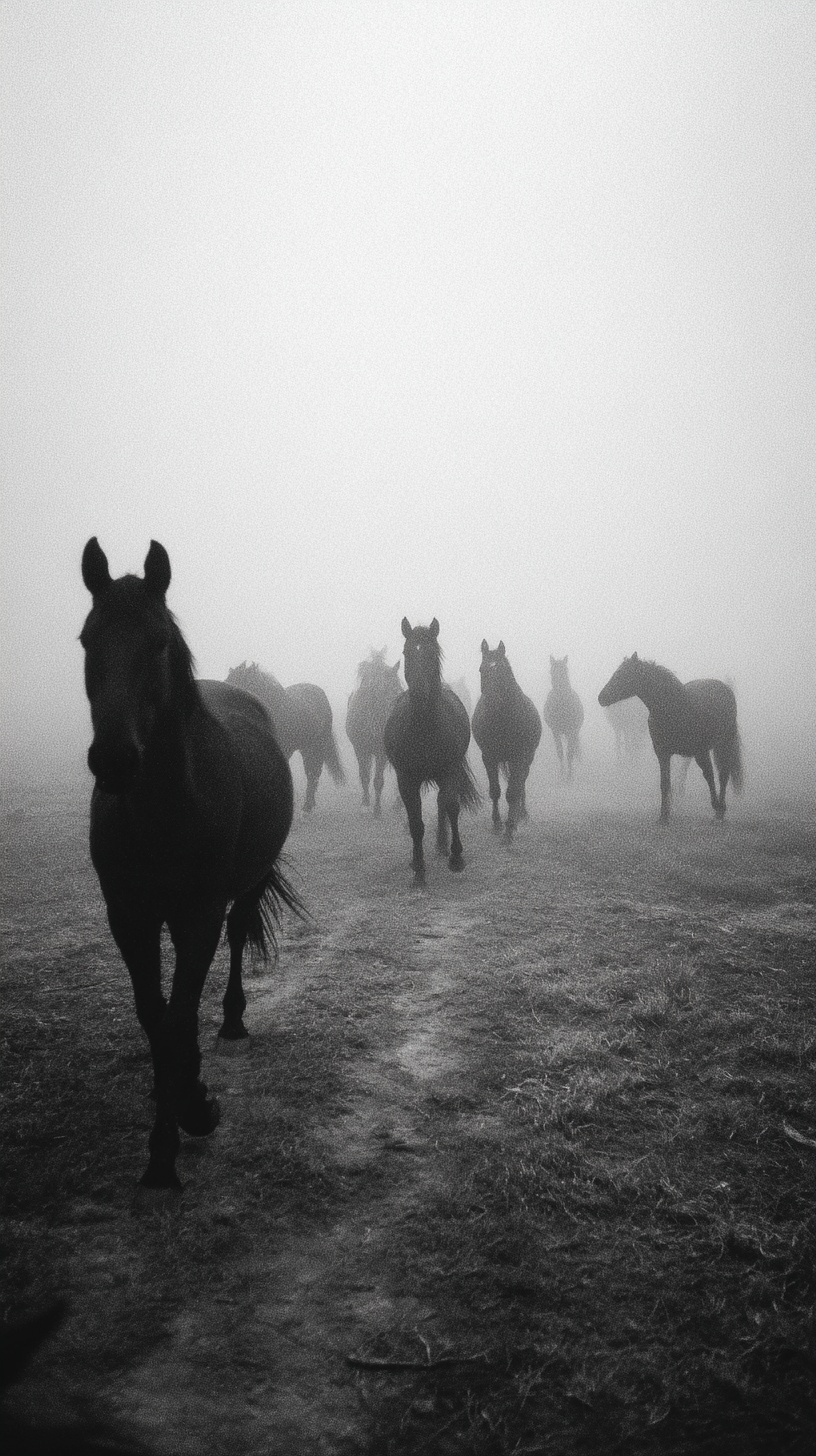 Haunting Night: Black Horses in Foggy Landscape