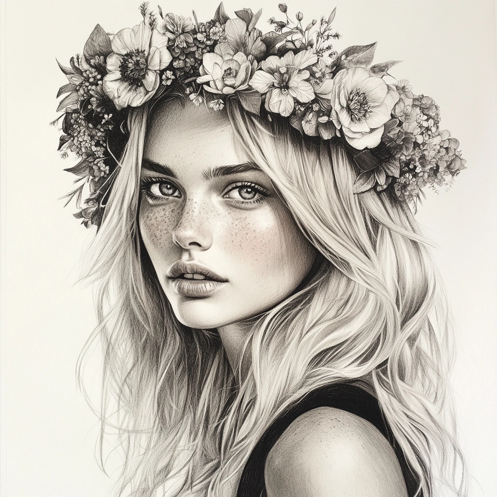 Elegant Floral Crown Art - Soft Pencil Drawing