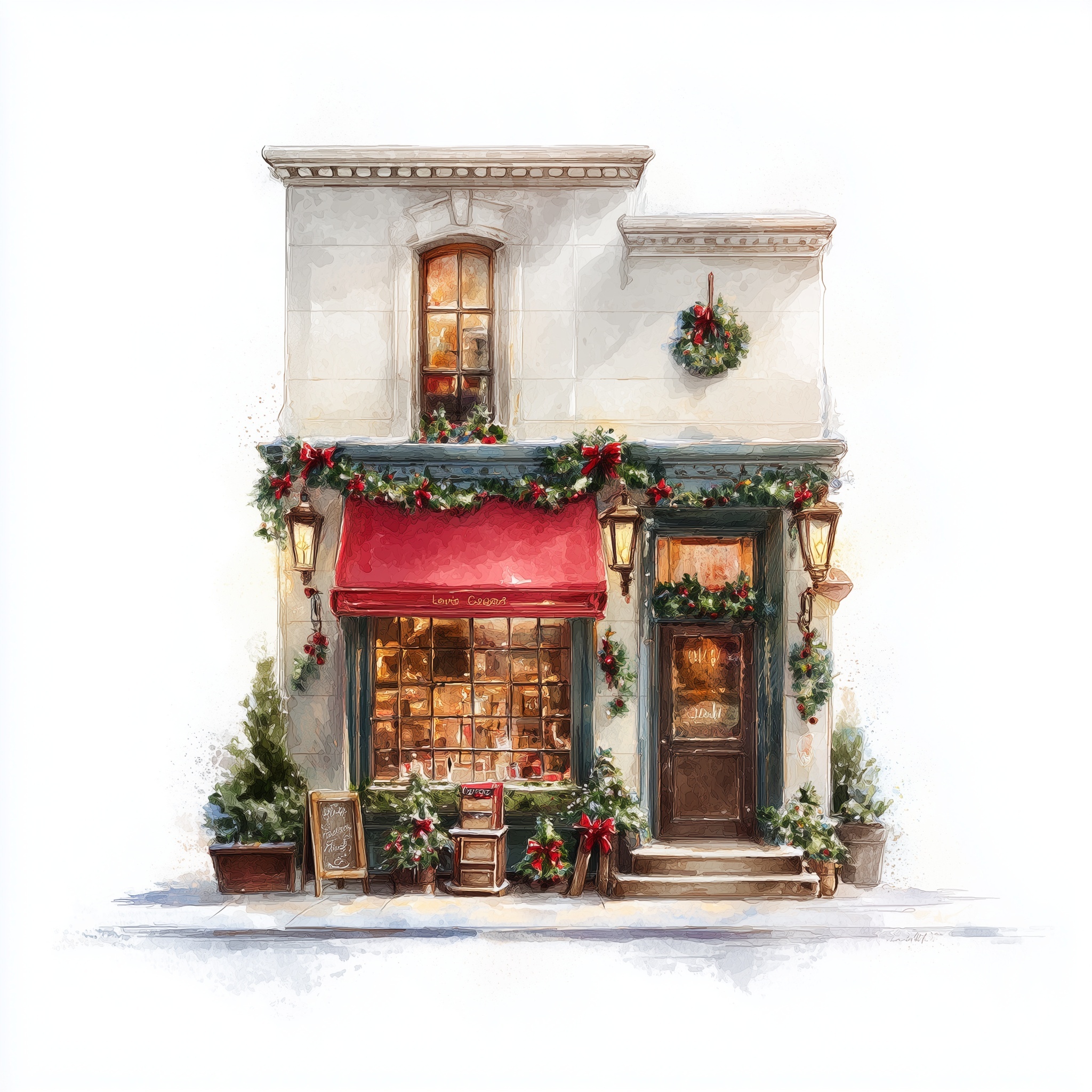 Charming Holiday Storefront Watercolor Illustration