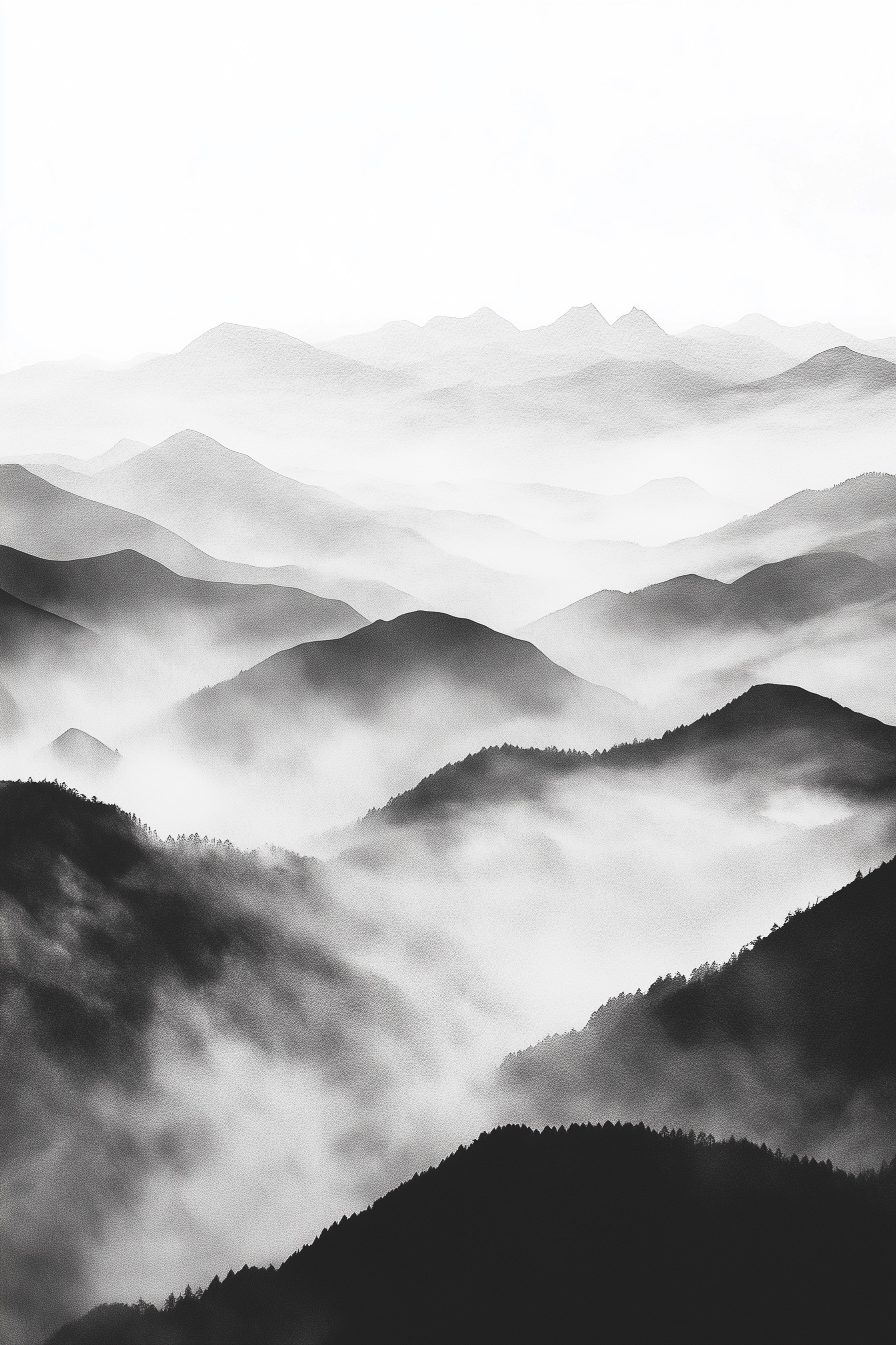 Tranquil Ink-Wash Mountains: Wabi-Sabi Aesthetics