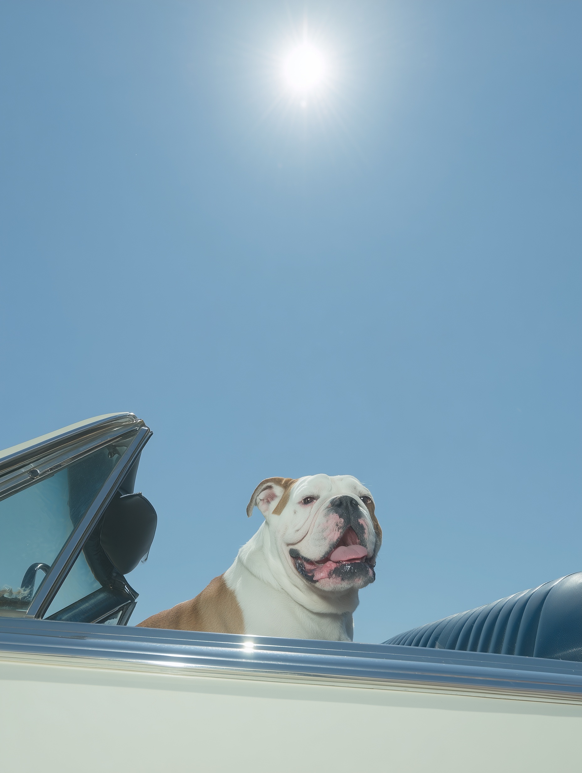 Happy Bulldog in Convertible: Bright Sky Photo