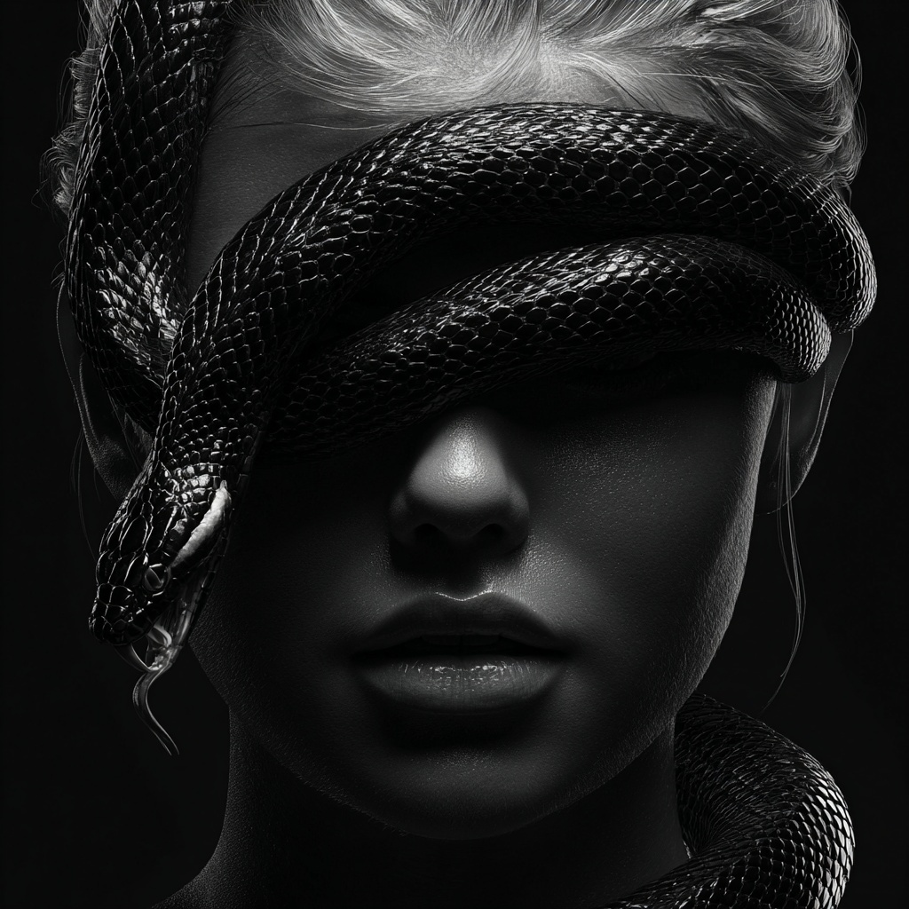 Stunning Woman with Dark Venomous Snake Portrait