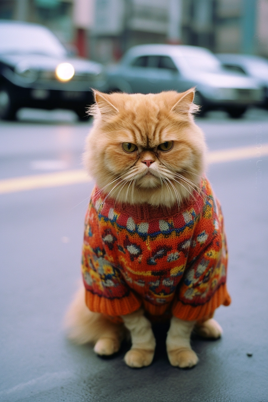 Sparkling Persian Cat in Honeydew Sweater: Candid Hiking Photo