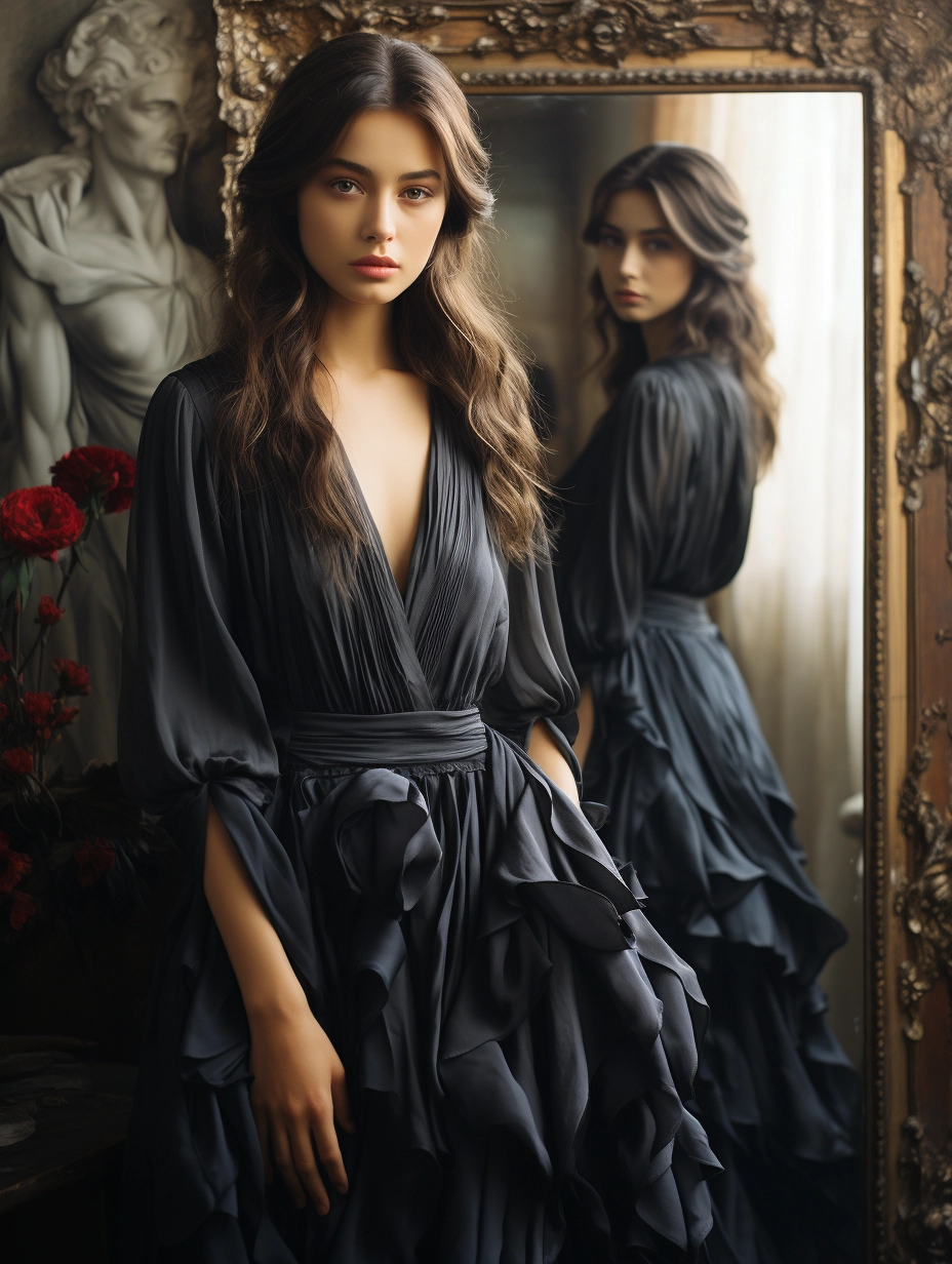 8K Photo Realism: Black Chiffon Dress on White Fashion Models