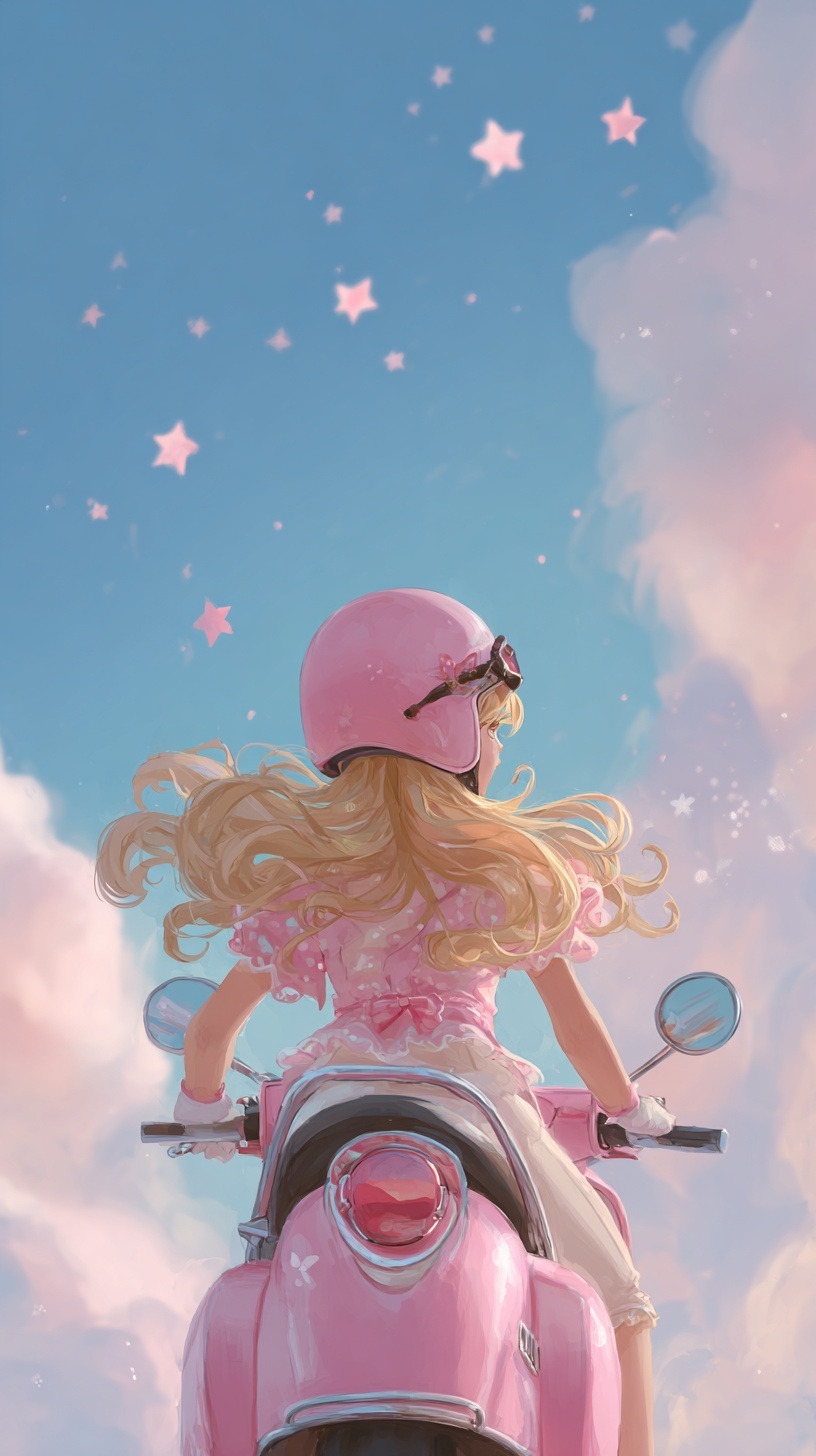 Whimsical Princess Girl Flying on Pink Scooter