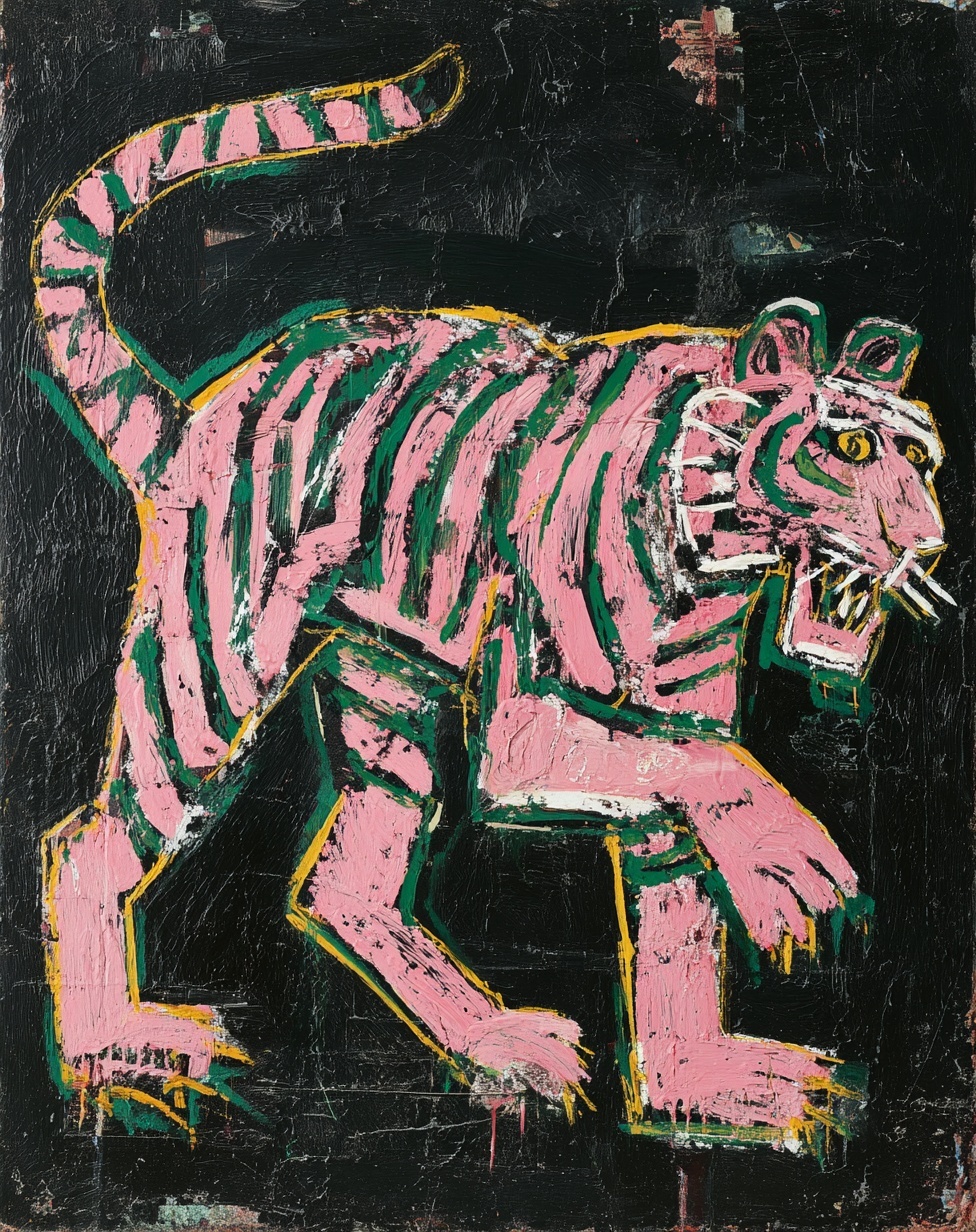 Bold Pink Tiger Painting in Basquiat Style