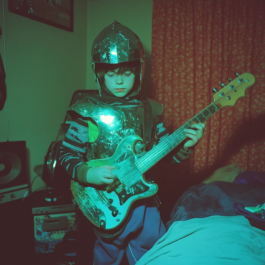 90s Vibes: Kid in Armor with Guitar & Records