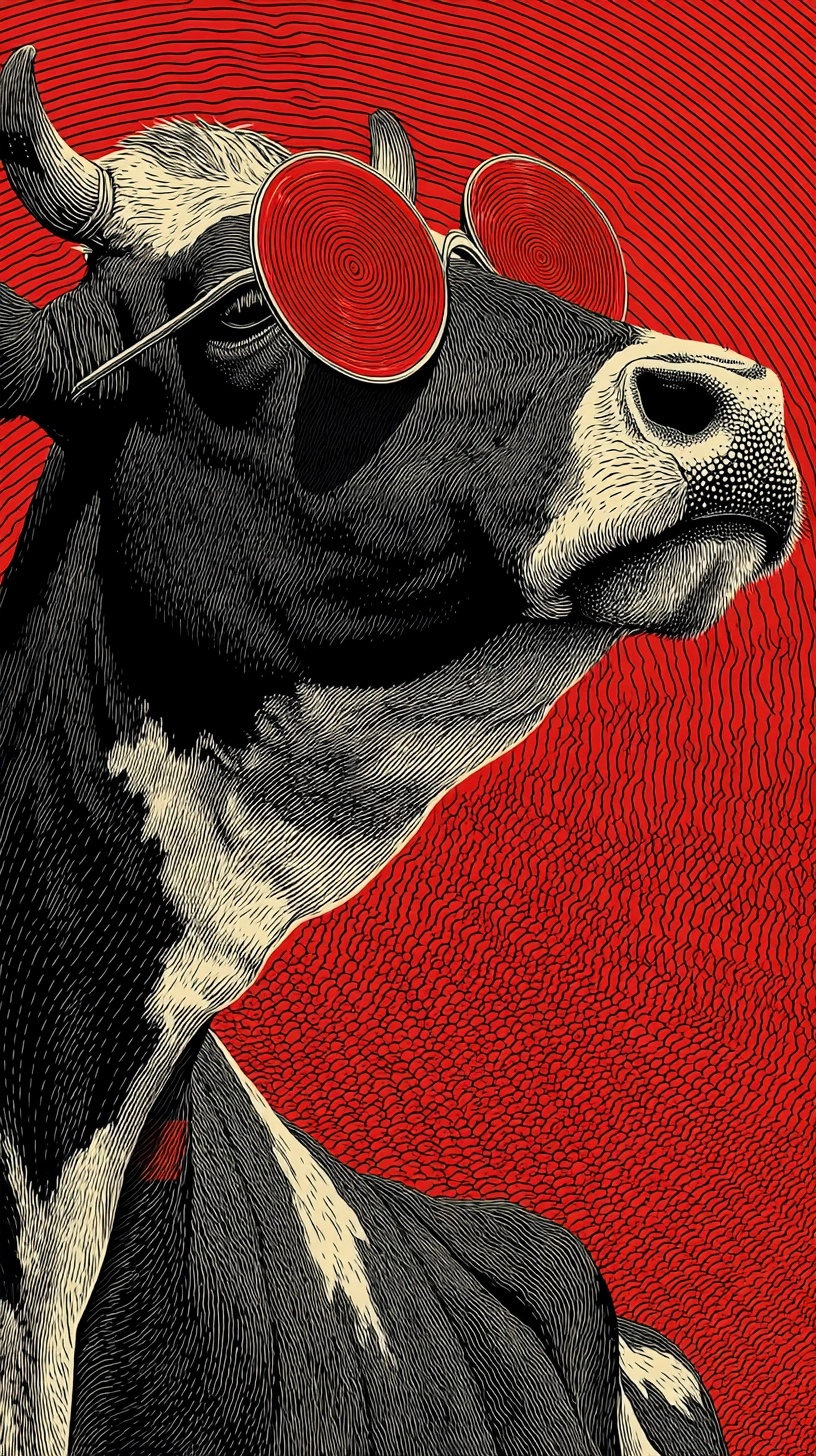 Bold Bauhaus Cow: Red Spectacles in Black & White