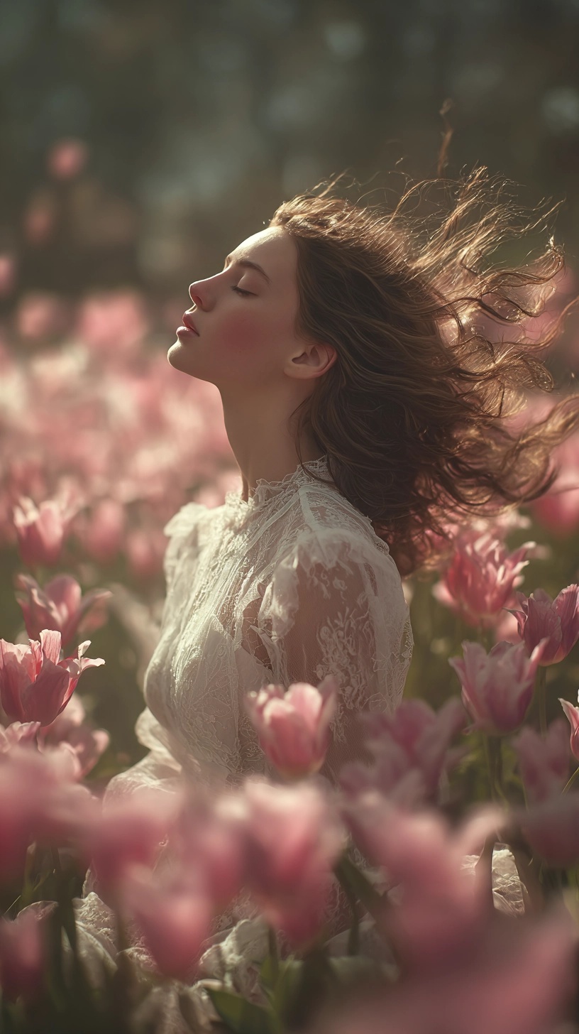 Dreamy Spring: A Young Woman in Blooming Tulips