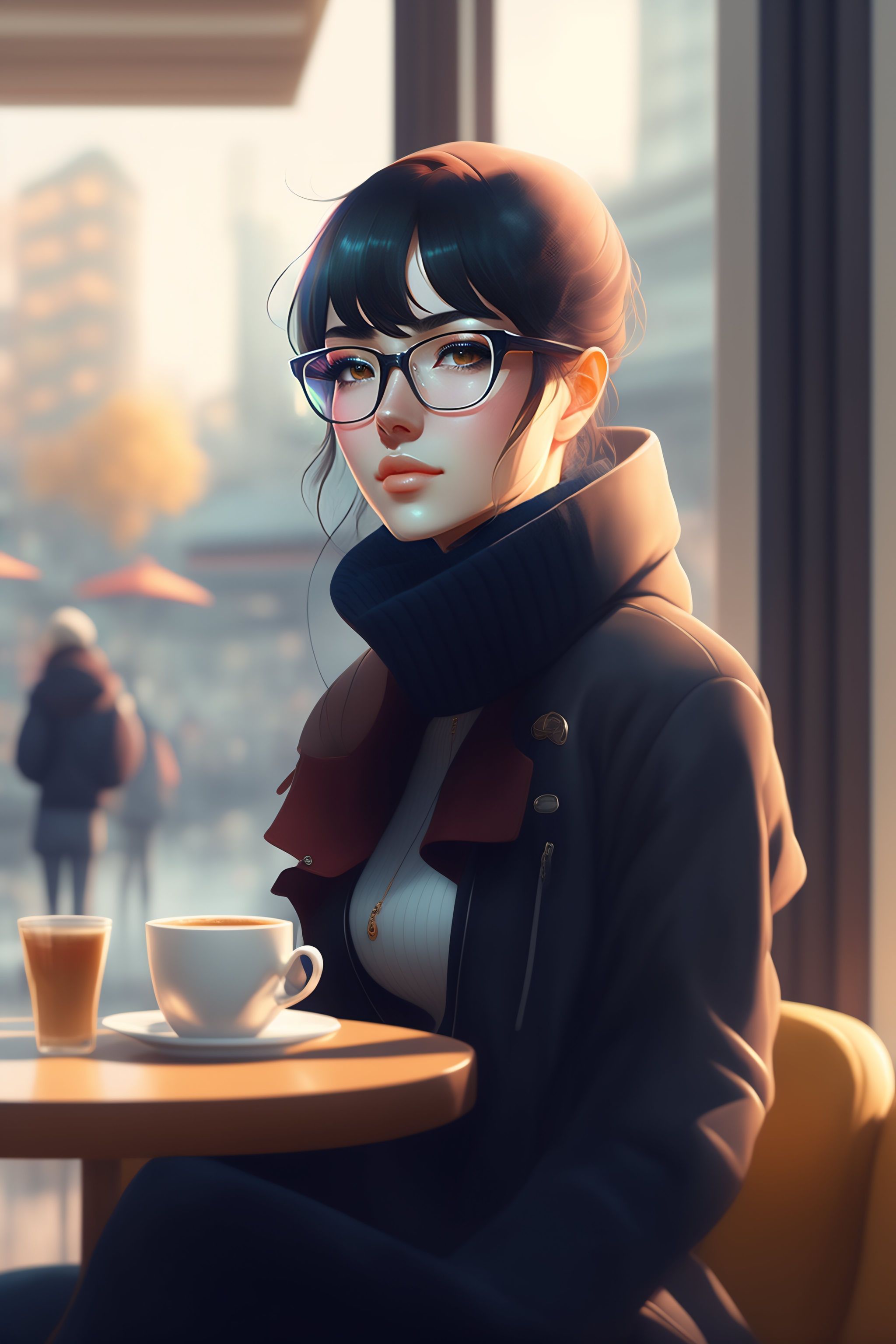 Cozy Cafe Vibes: Black-Haired Girl Sipping Coffee