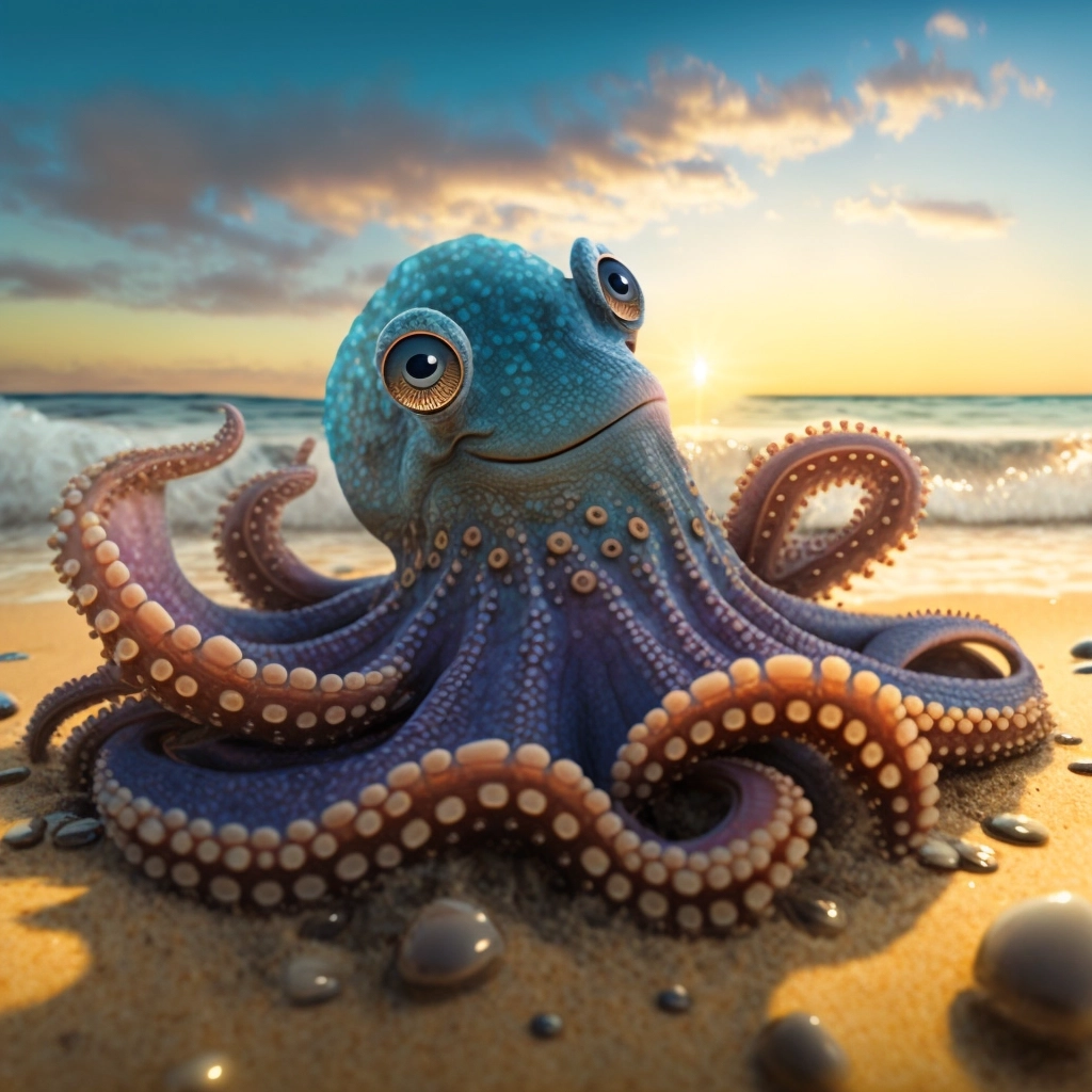 Smiling Octopus by the Seashore - Hyperrealistic Art