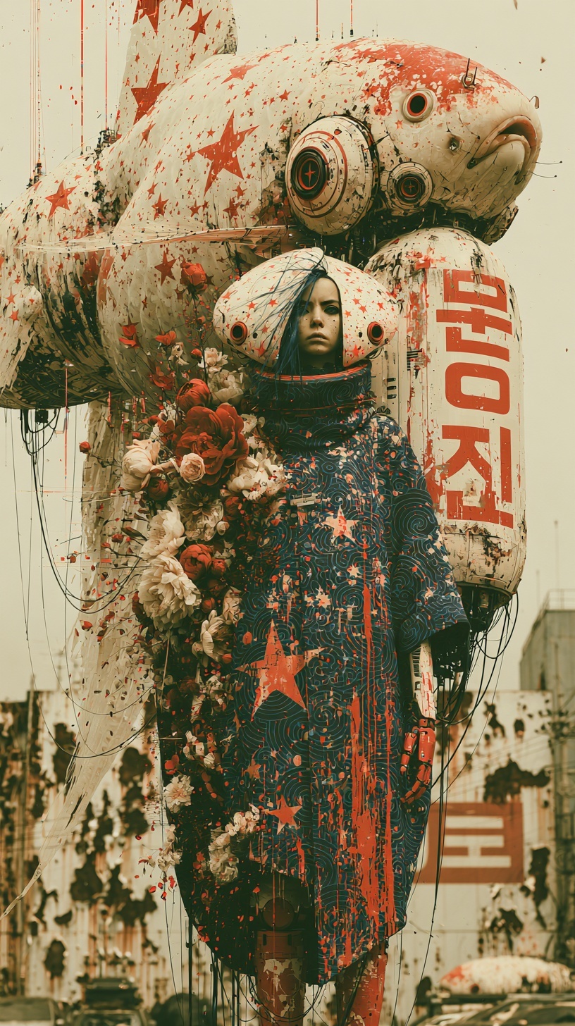 Surreal Flight: Robot Woman in a Holographic Galaxy