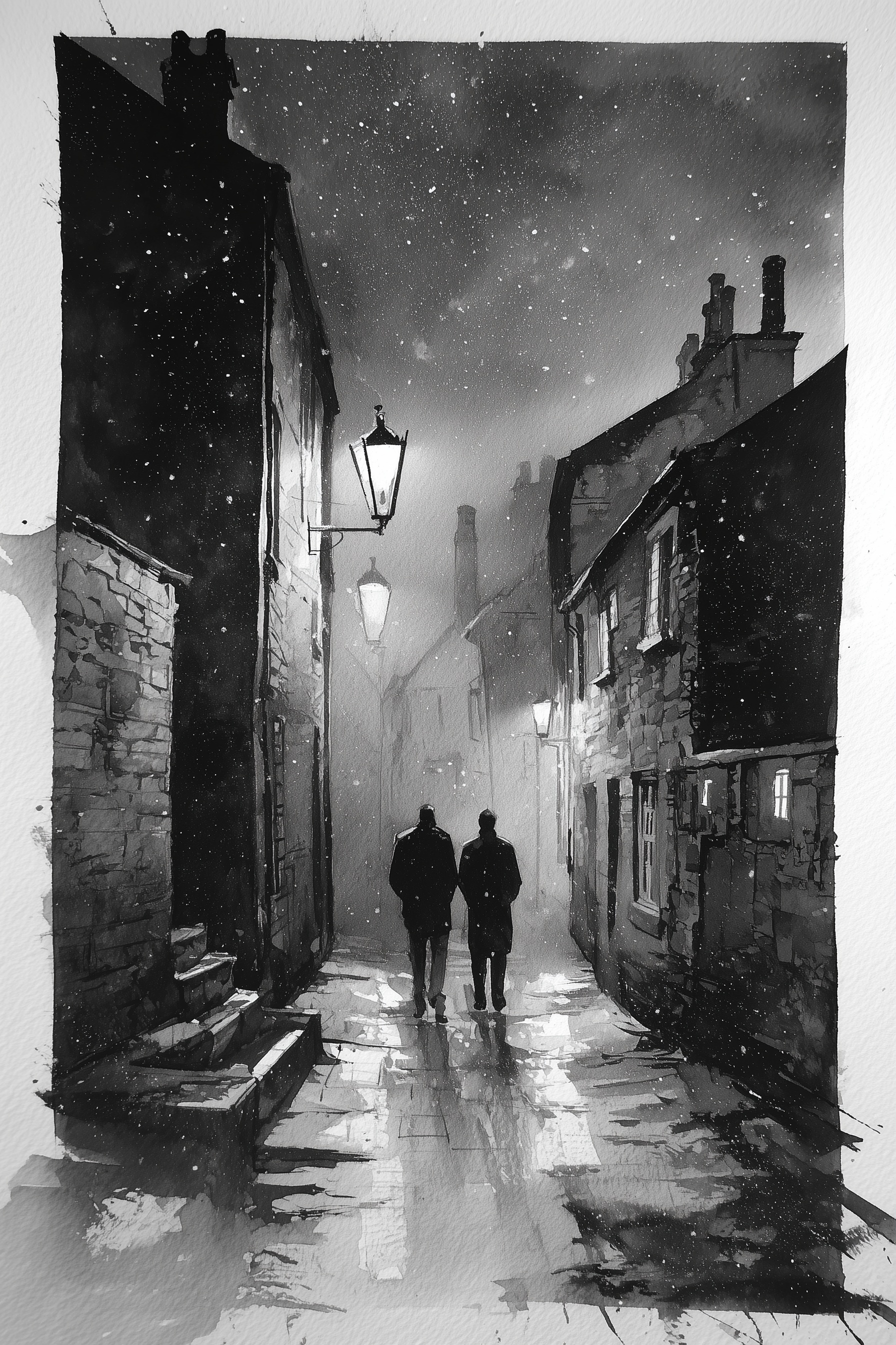 Winter Night Walk: Monochrome Watercolor Scene