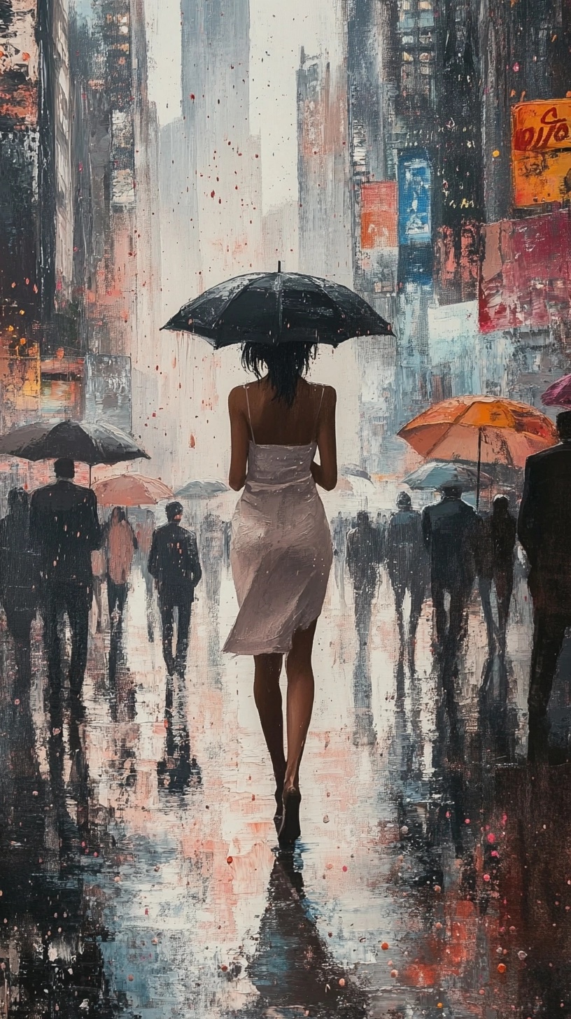 Stylish Woman in Slip Dress Amidst City Rain