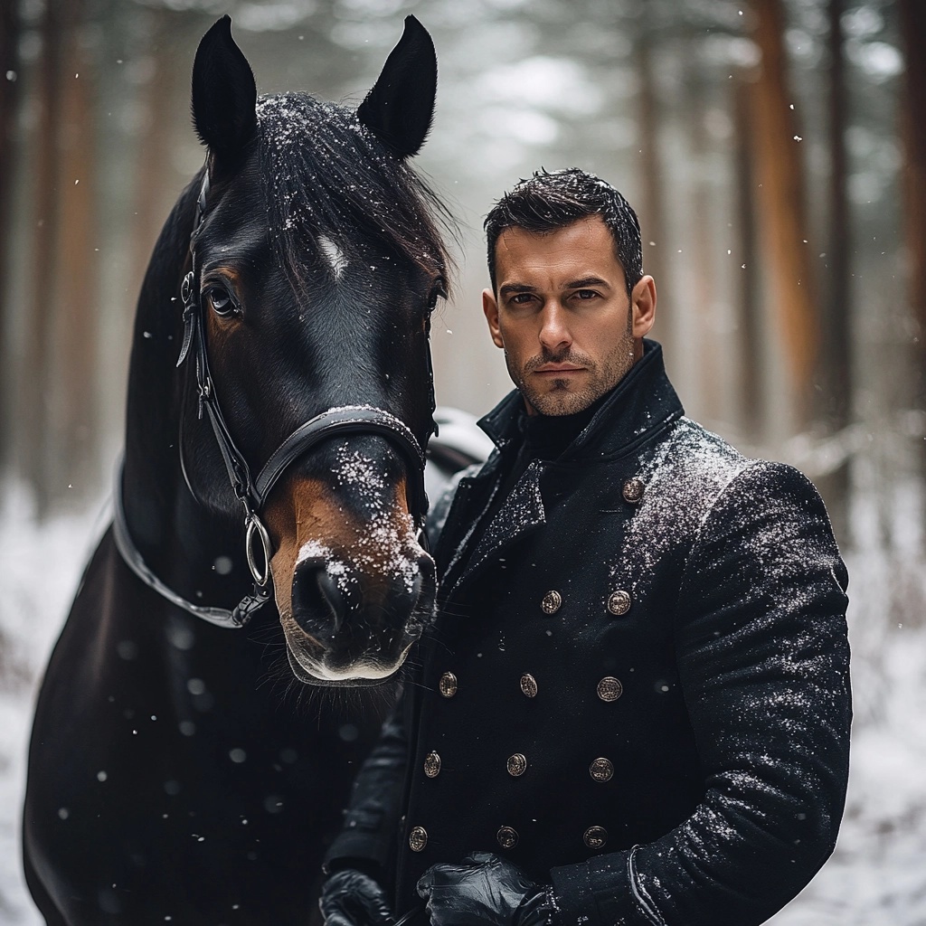 Snowy Portrait: Man in Black Coat with Horse