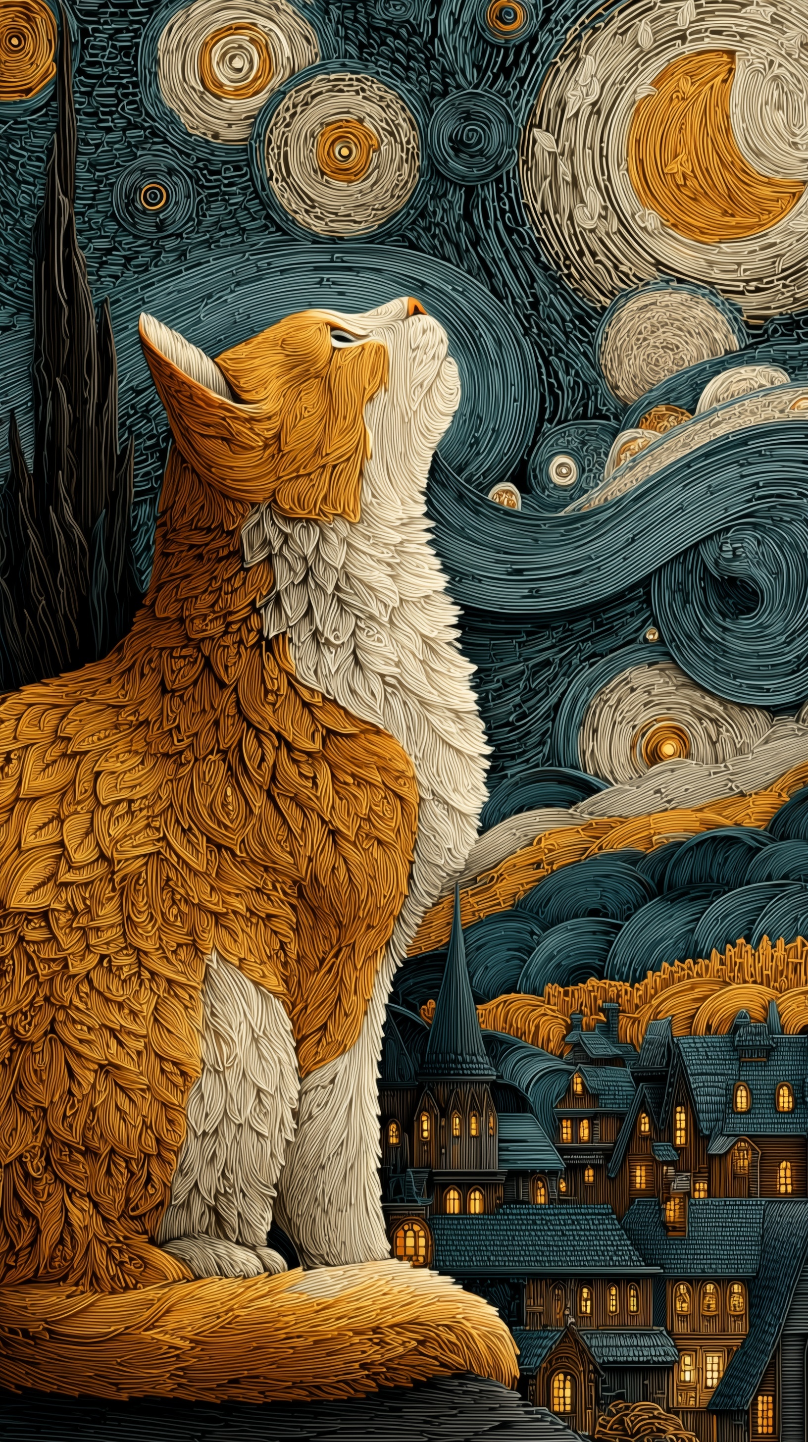 Whimsical Cat in Van Gogh's Starry Night Landscape