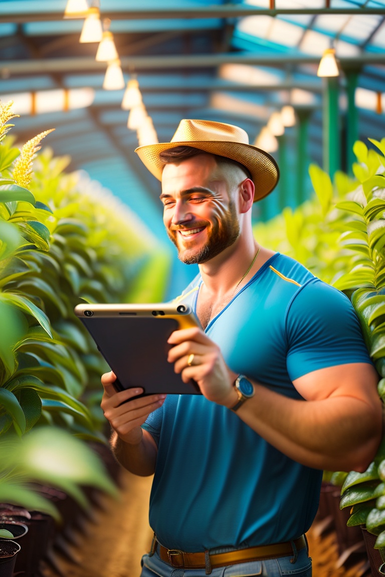 Greenhouse Technology: Happy Farmer with iPad