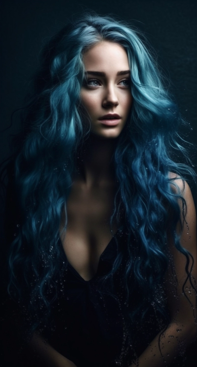 Naturalistic Ocean Waves: Beautiful Woman with Long Blue Hair