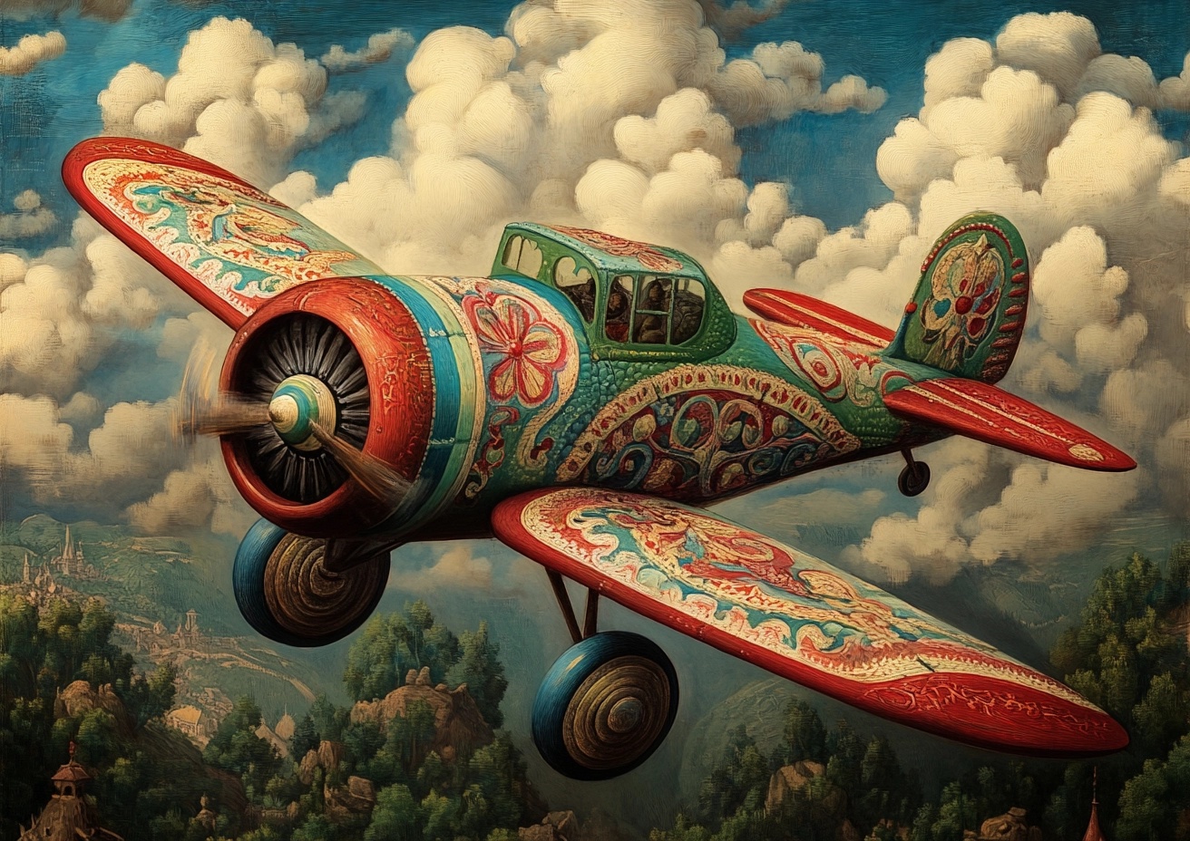 Whimsical Pointillist Aircraft with Unique Pilot