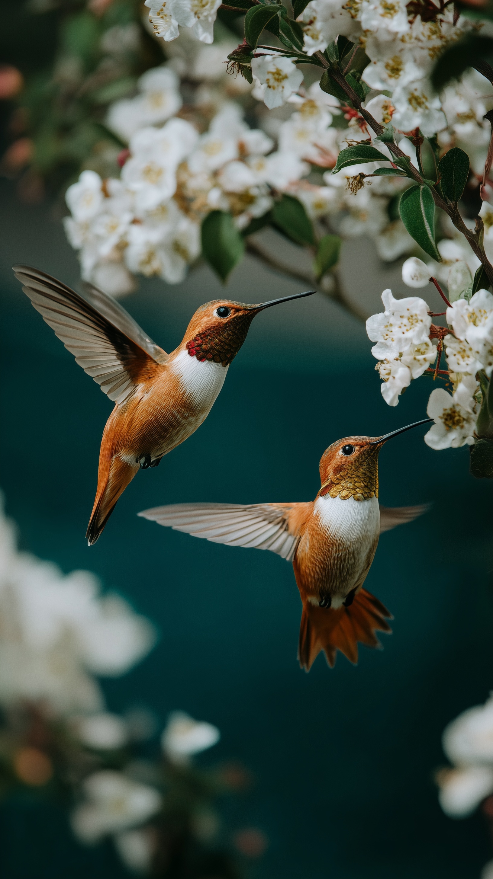 Stunning Hummingbirds in Flight Among White Flowers