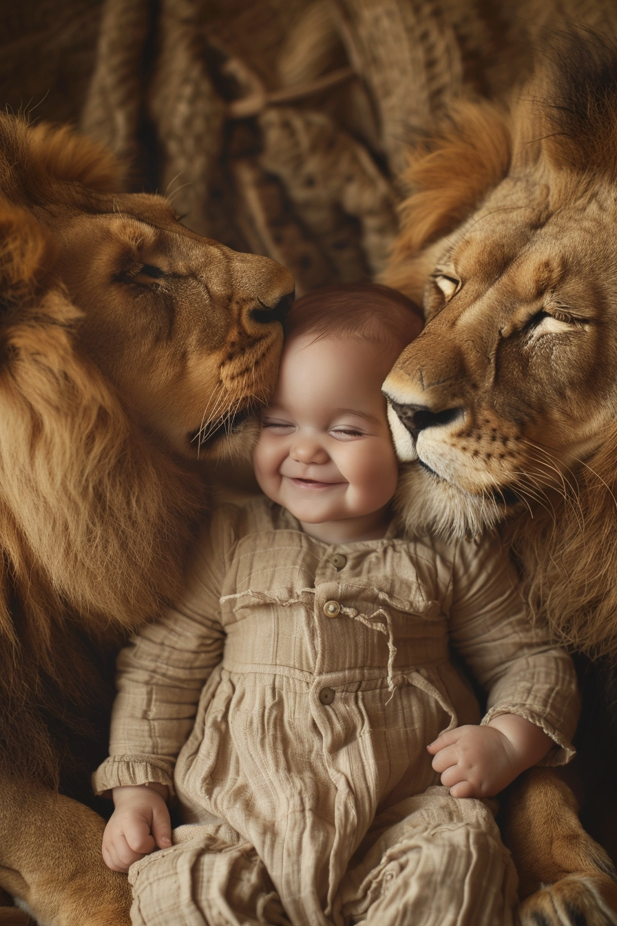 Beautiful Baby Portrait with Loving Lions