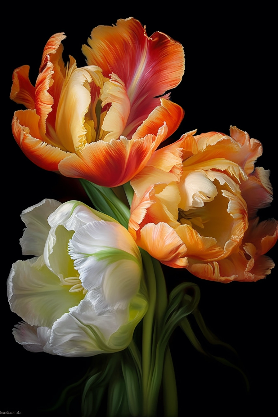 Tricolor Parrot Tulips: Intricate Rococo Oil Painting