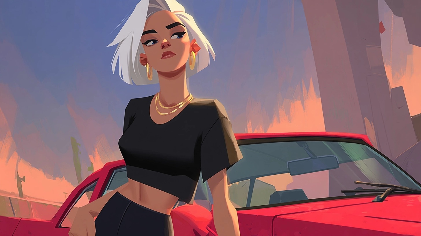 Chic Minimalist Art: Bold Woman and Red Sedan