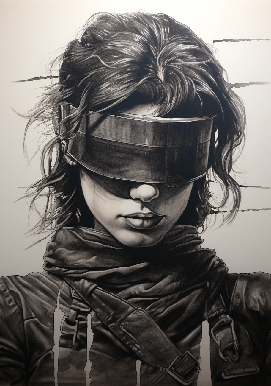 Blindfold Justice: Cyberpunk-inspired Stencil Art with Monotone Realism