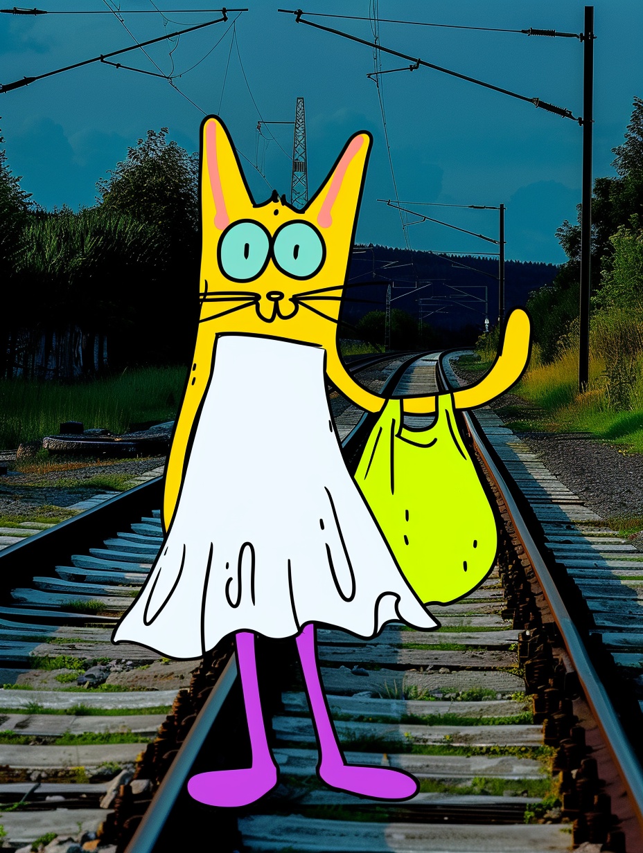 Mysterious Cat in White Dress with Glowing Mask and Bag