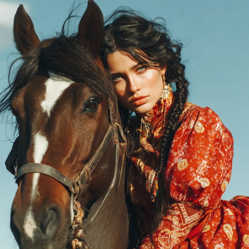 Elegant Dark-Haired Girl Riding a Majestic Horse