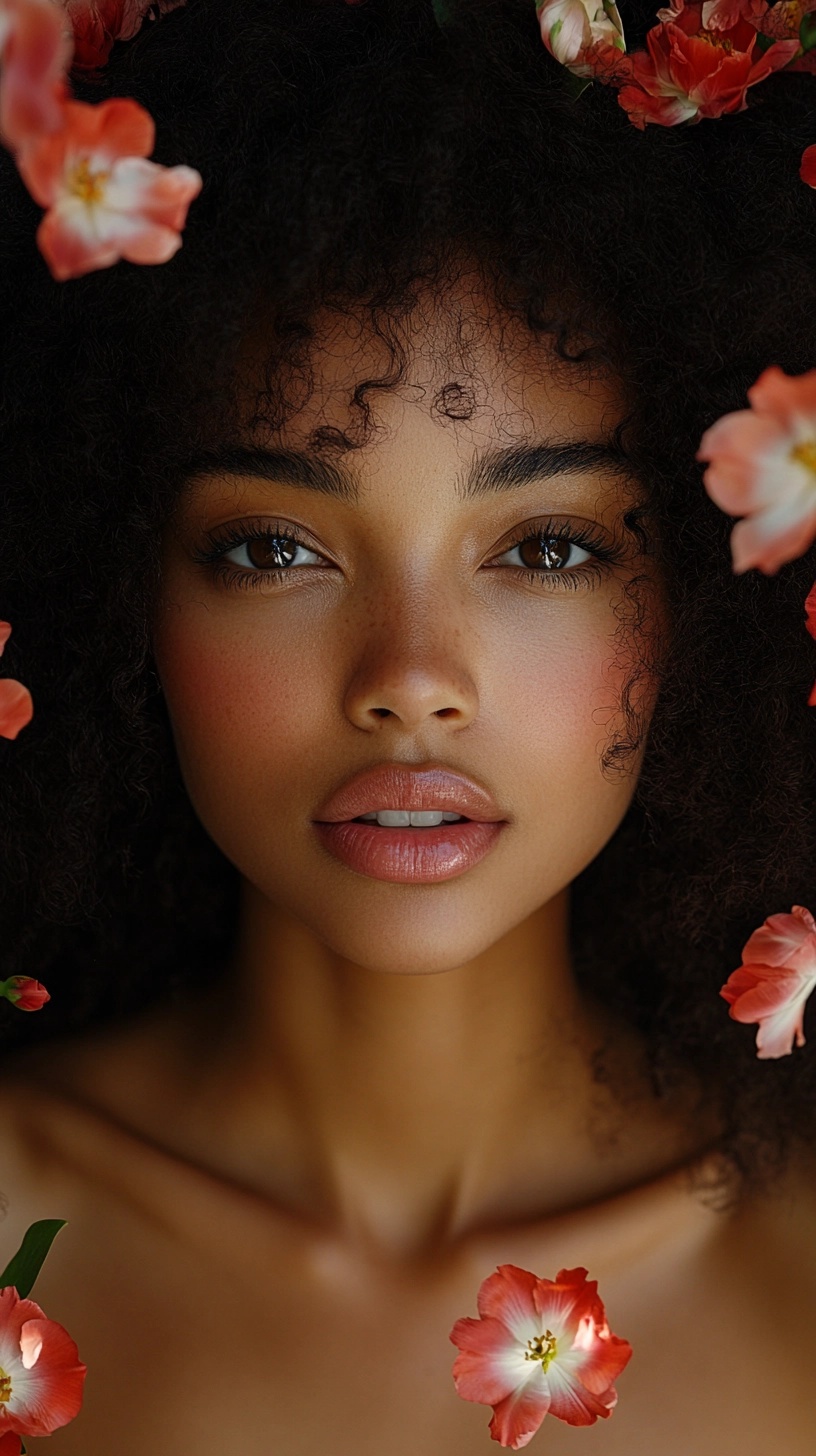 Afro Woman Surrounded by Flying Petals in Cinematic Scene