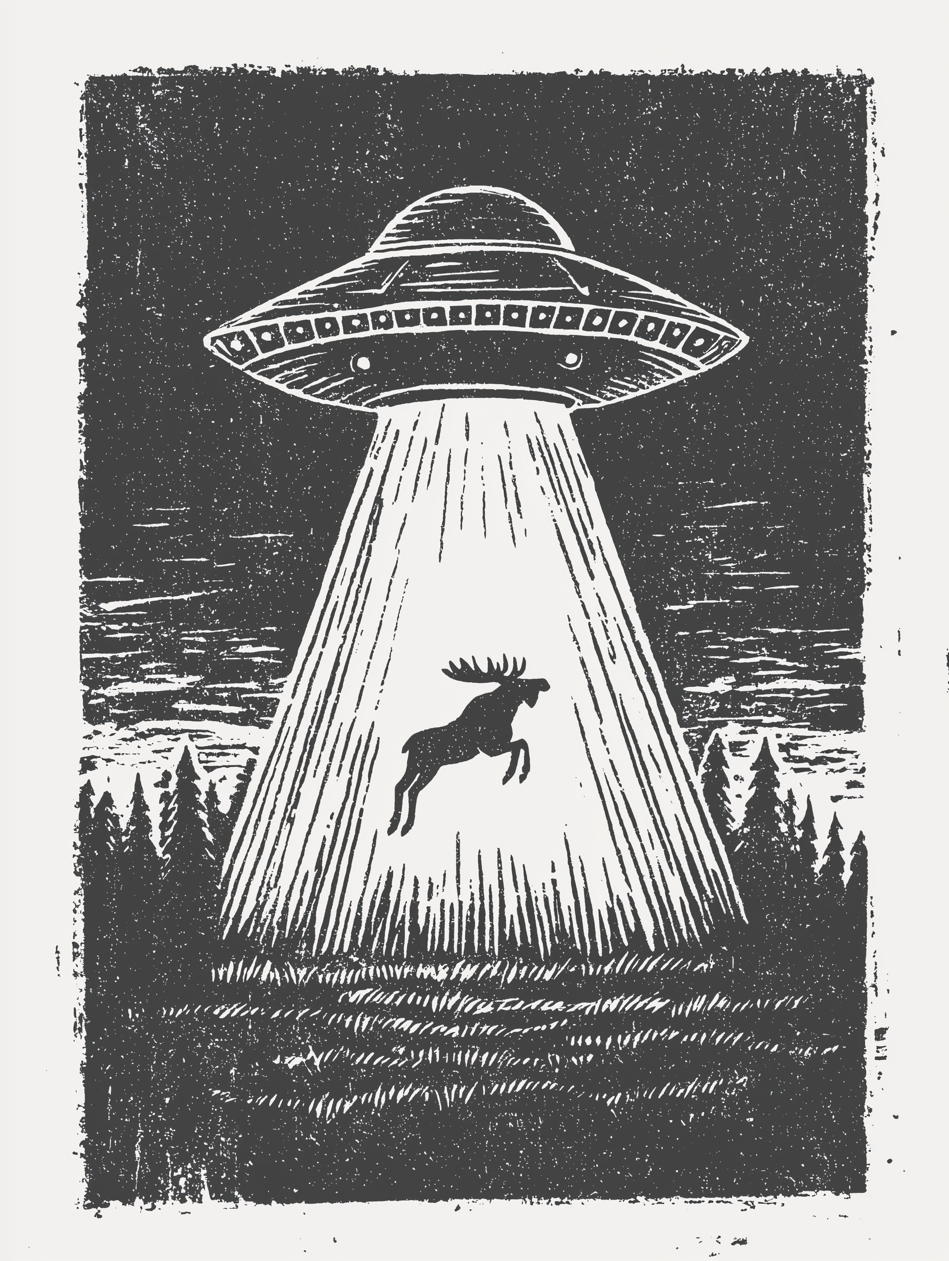 Moose in a UFO: striking linocut art print