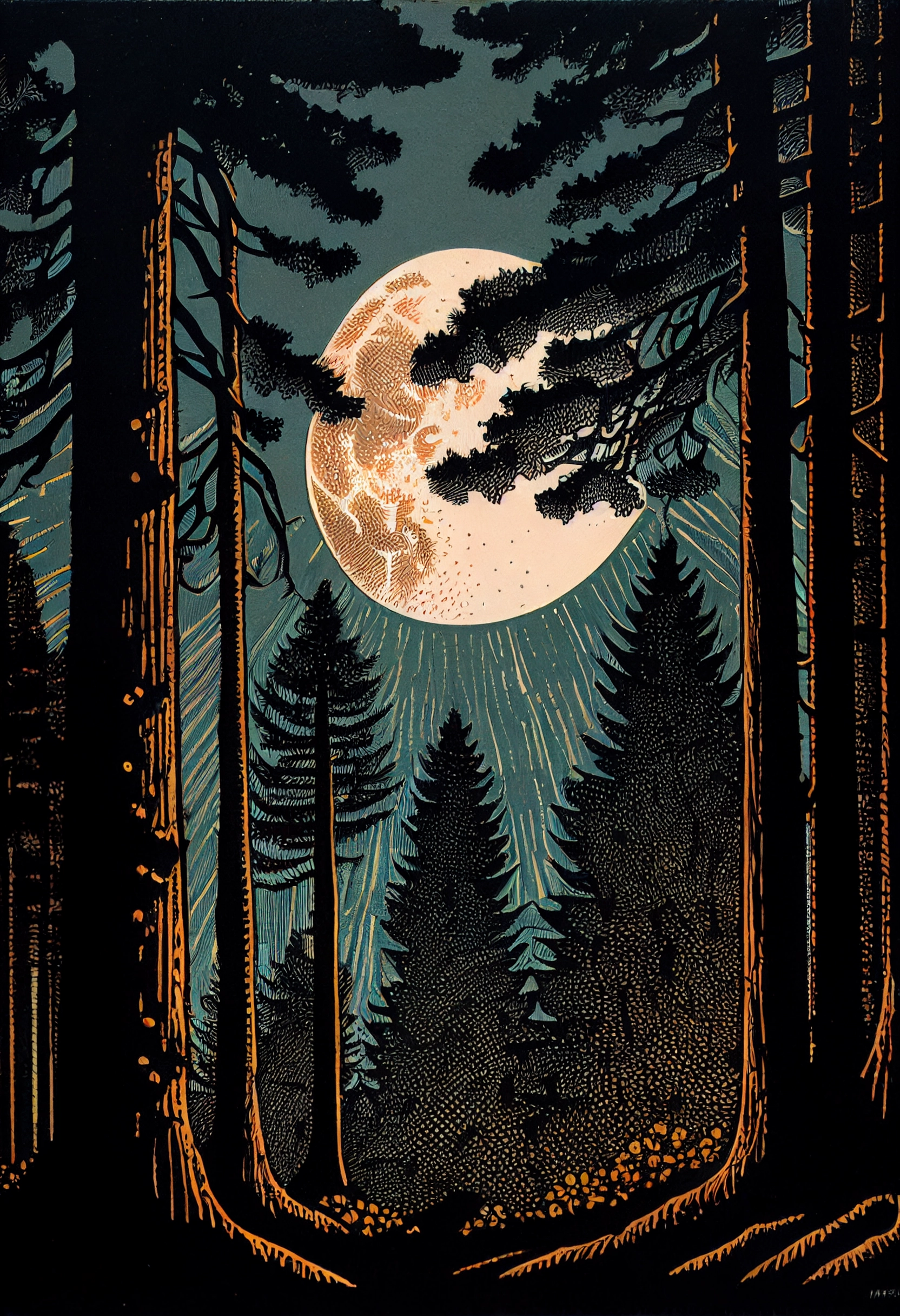 California Redwood Woodcuts under Full Moon