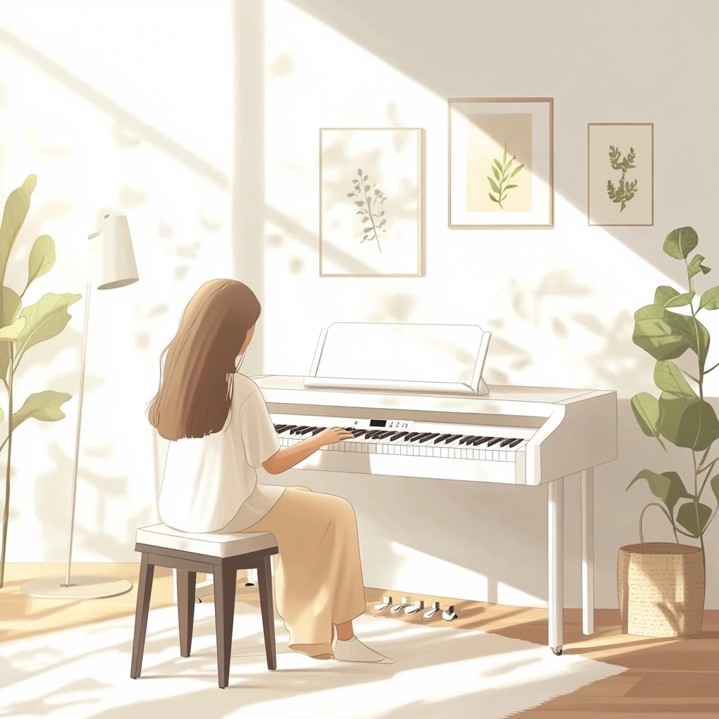 Bright Living Room: Girl Playing White Digital Piano