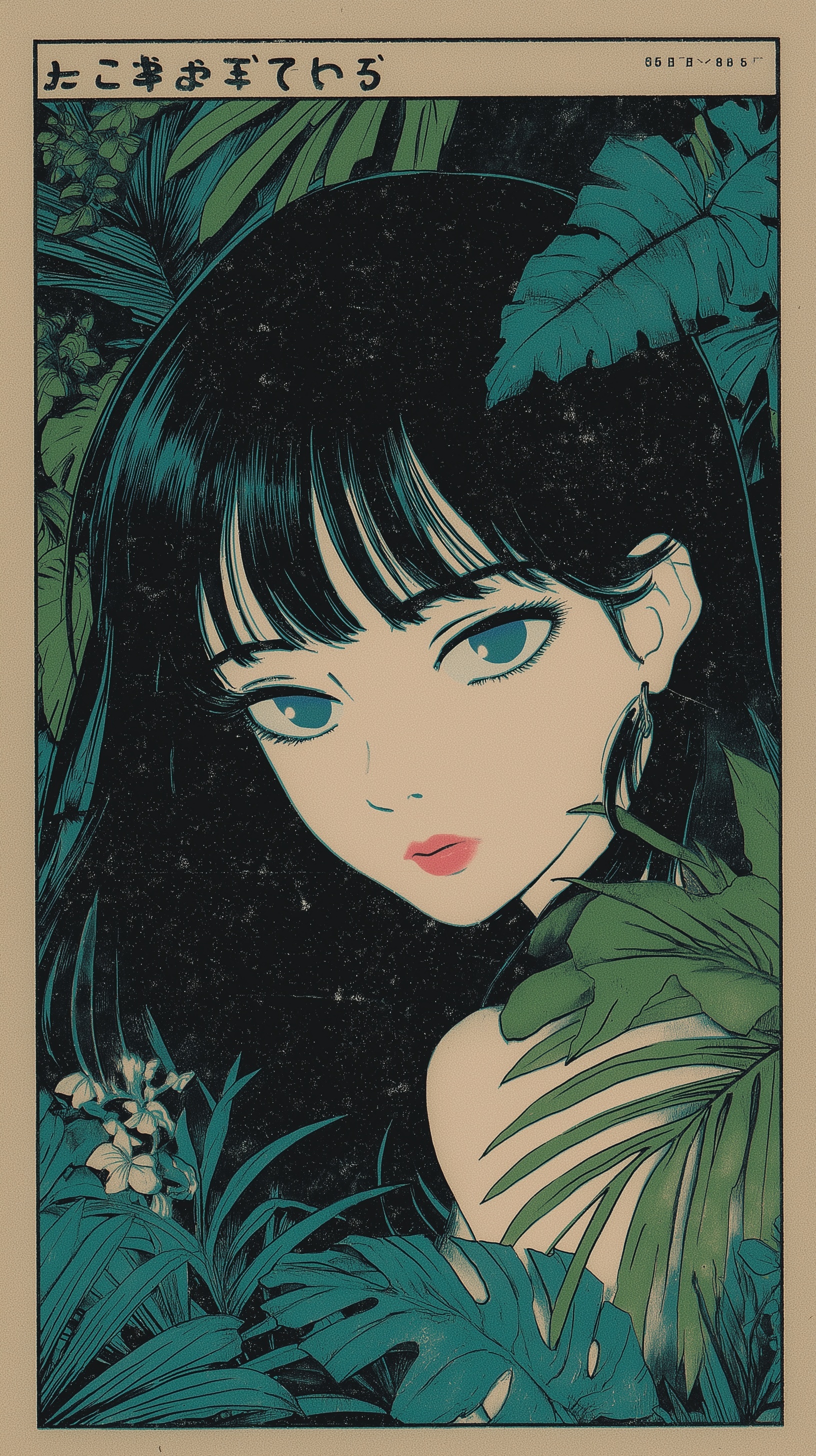 Vintage Manga: Cute Blue-Eyed Girl in Jungle Style