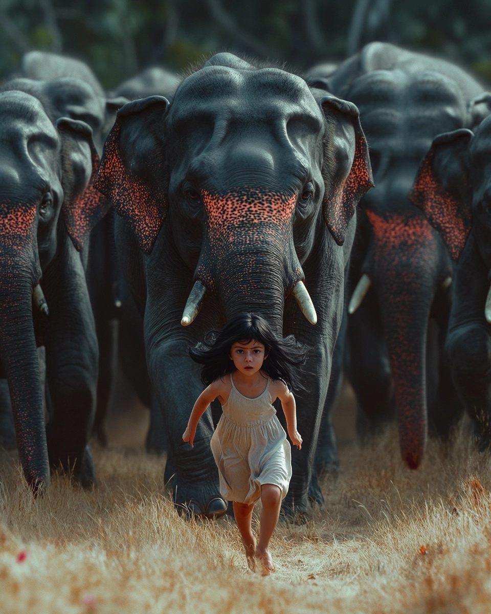 Surreal Dali-Inspired Portrait of a Child and Elephants